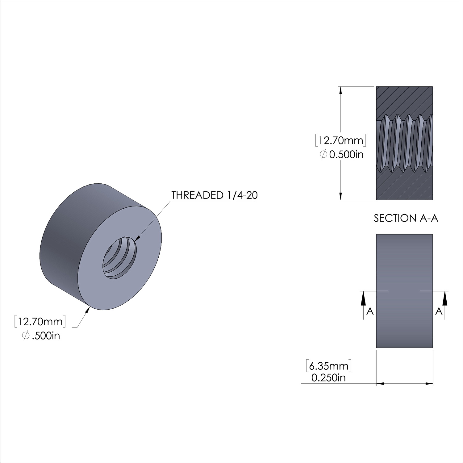 Aluminum Standoff 1/2'' OD x 1/4-20 Thread x 1/4'' Long