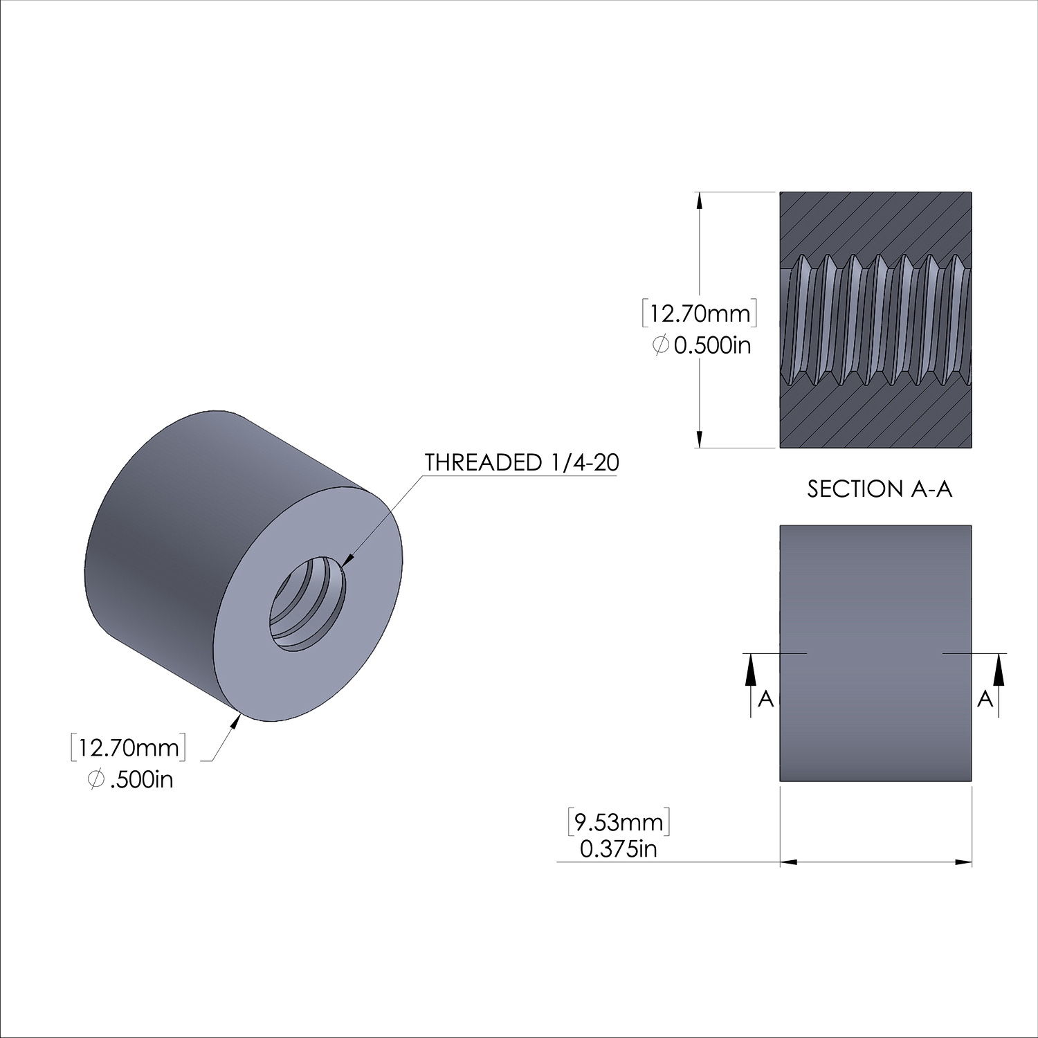 Aluminum Standoff 1/2'' OD x 1/4-20 Thread x 3/8'' Long-Black Anodized