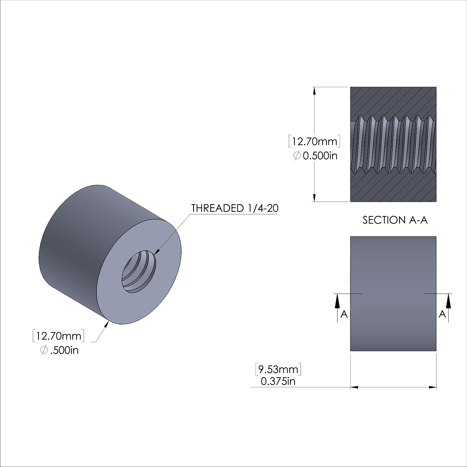 Aluminum Standoff 1/2'' OD x 1/4-20 Thread x 3/8'' Long