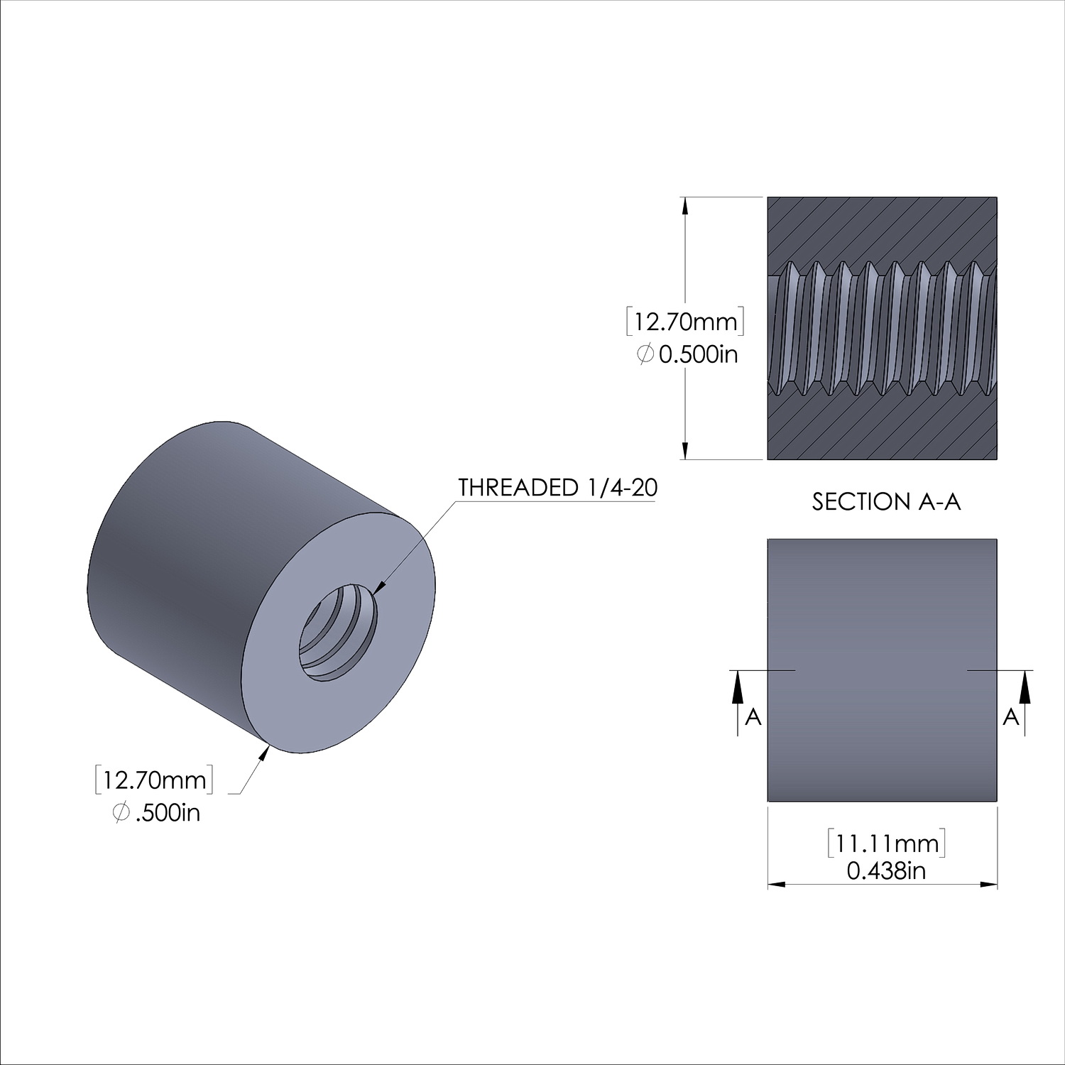 Aluminum Standoff 1/2'' OD x 1/4-20 Thread x 7/16'' Long, Plain Aluminum Finish