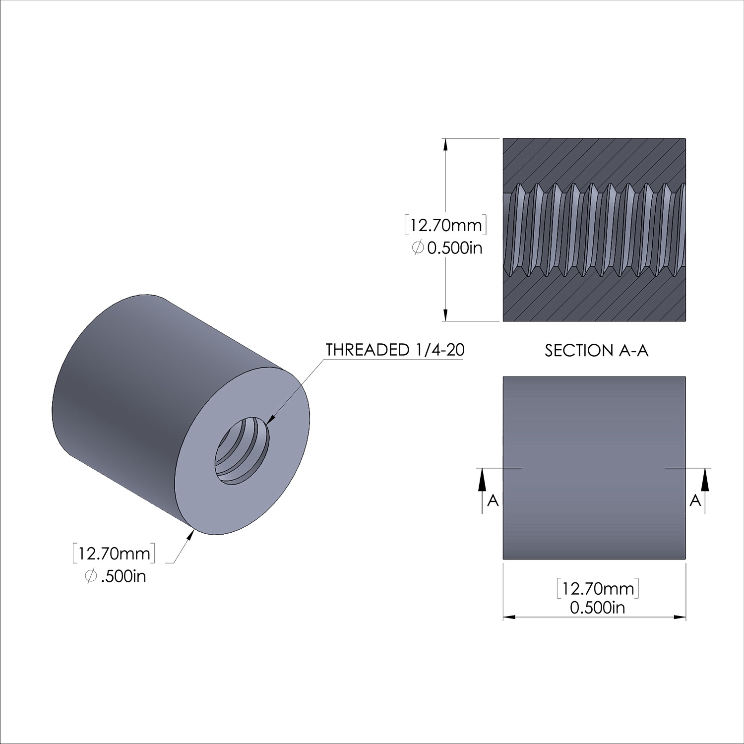 Aluminum Standoff 1/2'' OD x 1/4-20 Thread x 1/2'' Long-Black Anodized