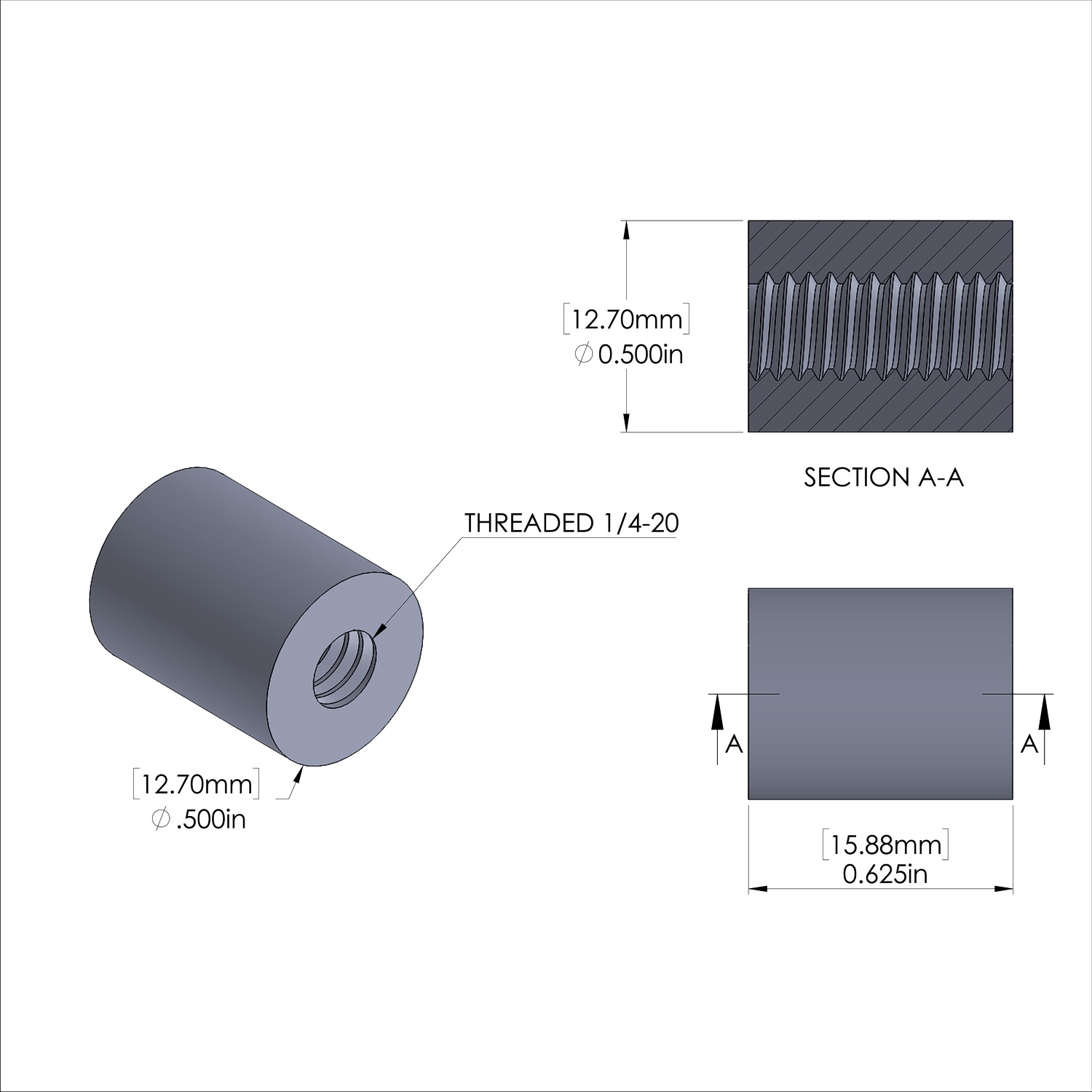 Aluminum Standoff 1/2'' OD x 1/4-20 Thread x 5/8'' Long-Black Anodized