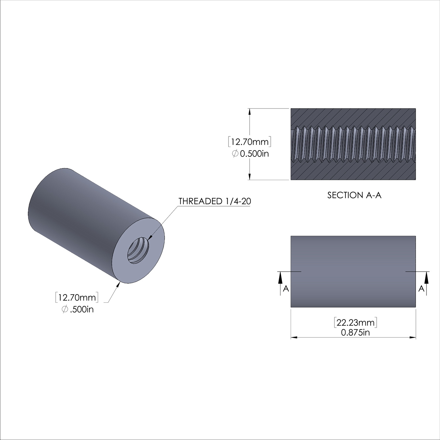 Aluminum Standoff 1/2'' OD x 1/4-20 Thread x 7/8'' Long, Black Anodized Finish