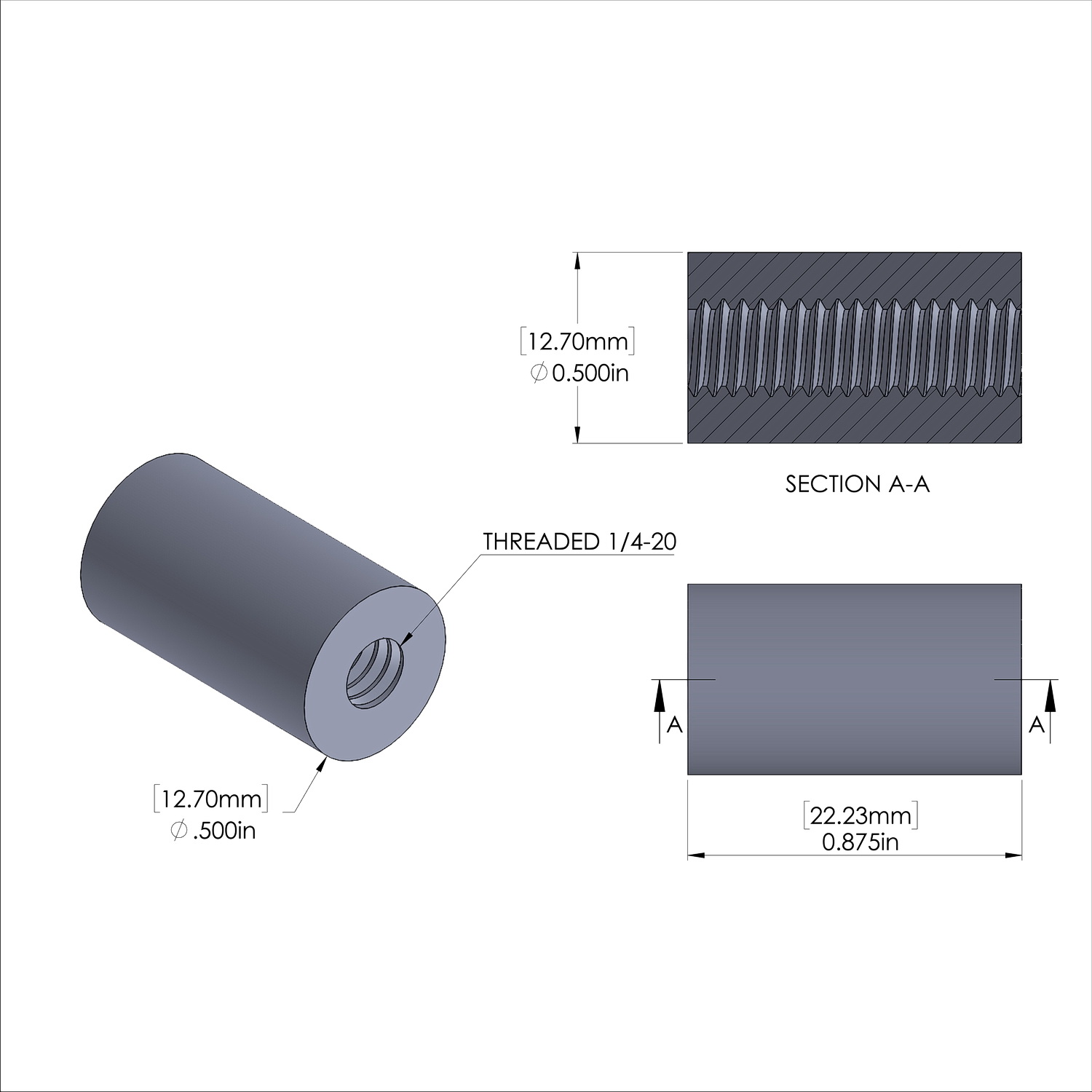 Aluminum Standoff 1/2'' OD x 1/4-20 Thread x 7/8'' Long