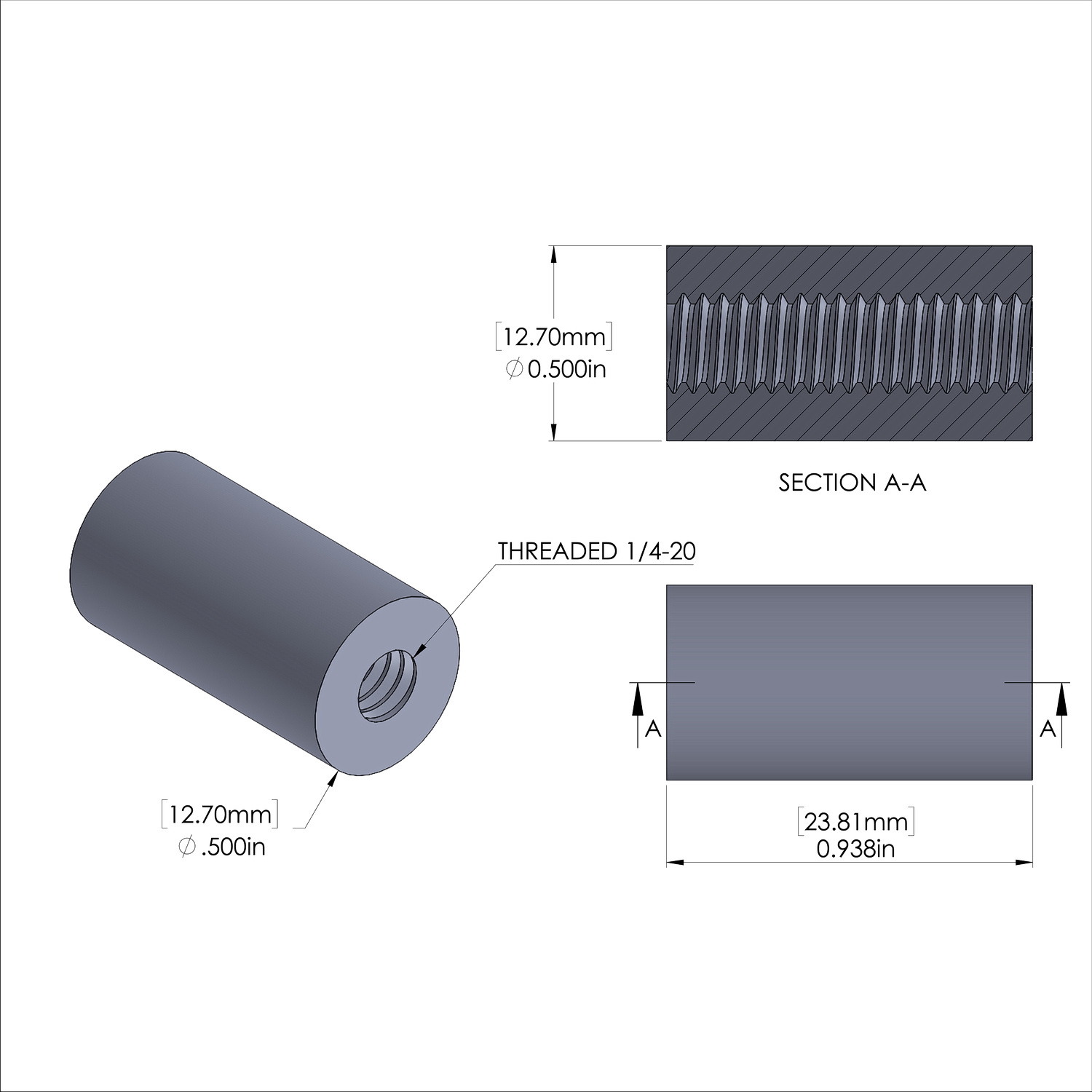 Aluminum Standoff 1/2'' OD x 1/4-20 Thread x 15/16'' Long