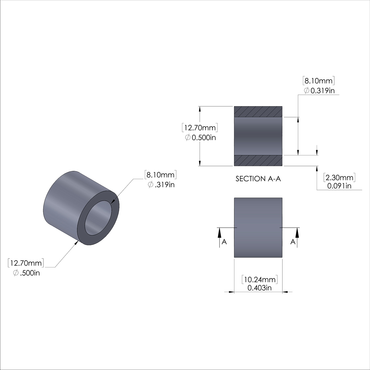 Aluminum Spacer 1/2'' OD x .319'' ID x .403'' Long, Plain Aluminum Finish