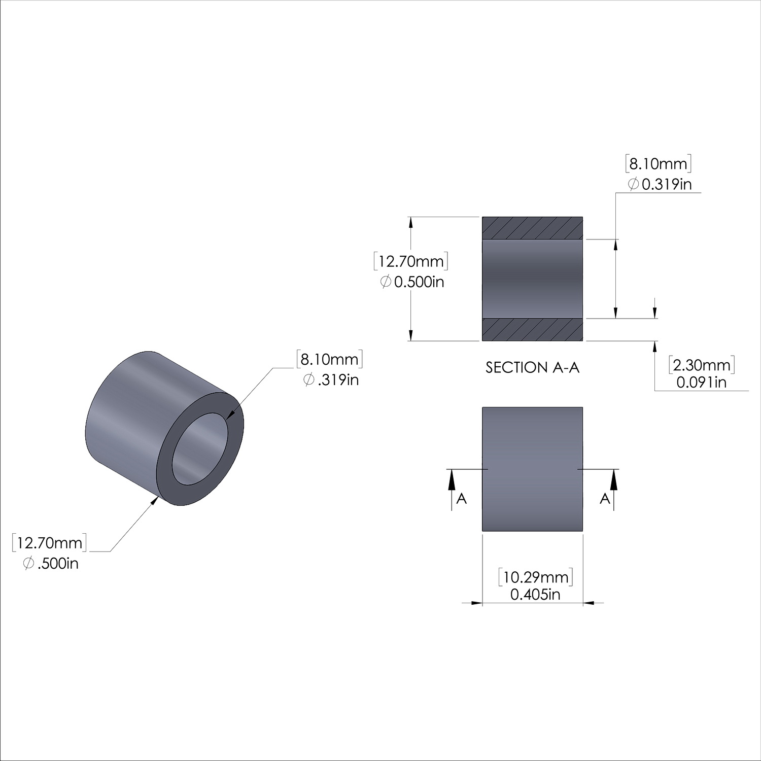 Aluminum Spacer 1/2'' OD x .319'' ID x .405'' Long