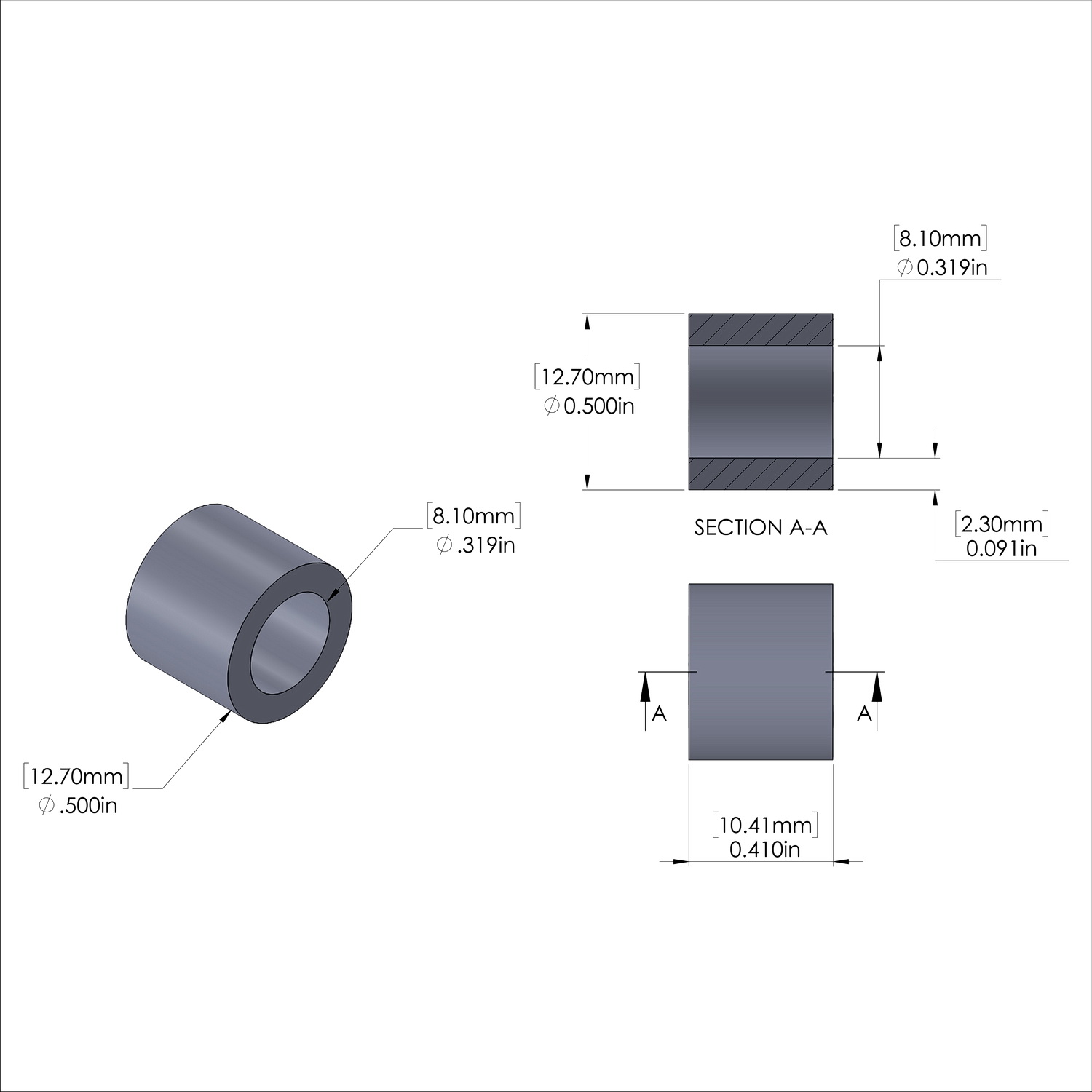 Aluminum Spacer 1/2'' OD x .319'' ID x .410'' Long, Plain Aluminum Finish