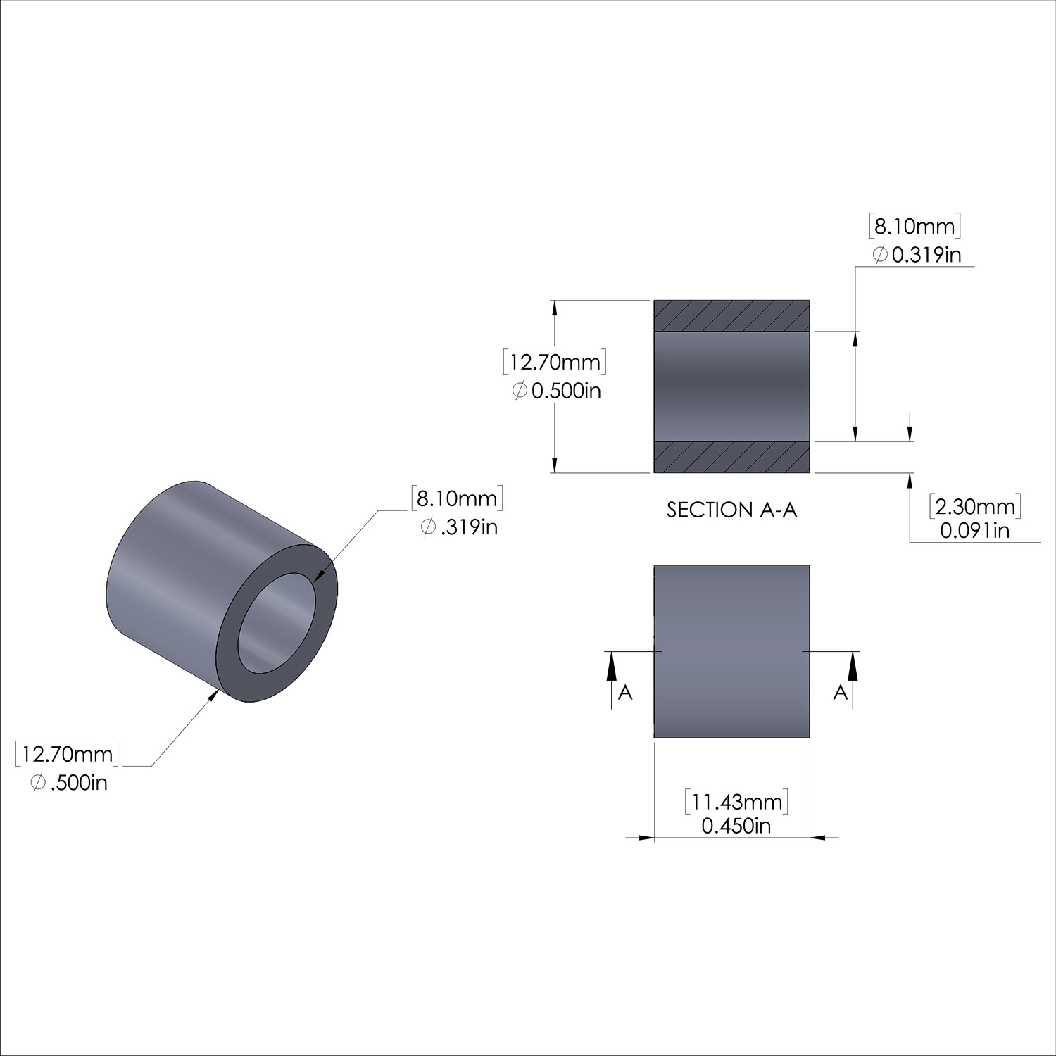 Aluminum Spacer 1/2'' OD x .319'' ID x .450'' Long, Plain Aluminum Finish