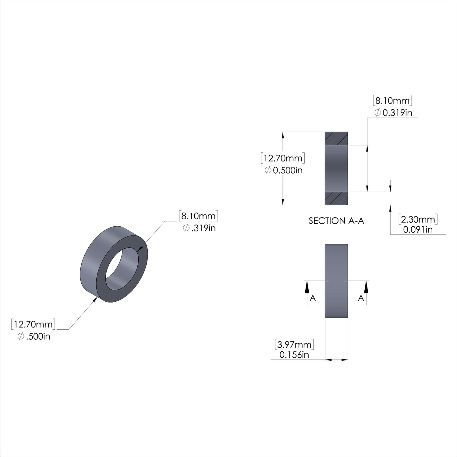 Aluminum Spacer 1/2'' OD x .319'' ID x 5/32'' Long