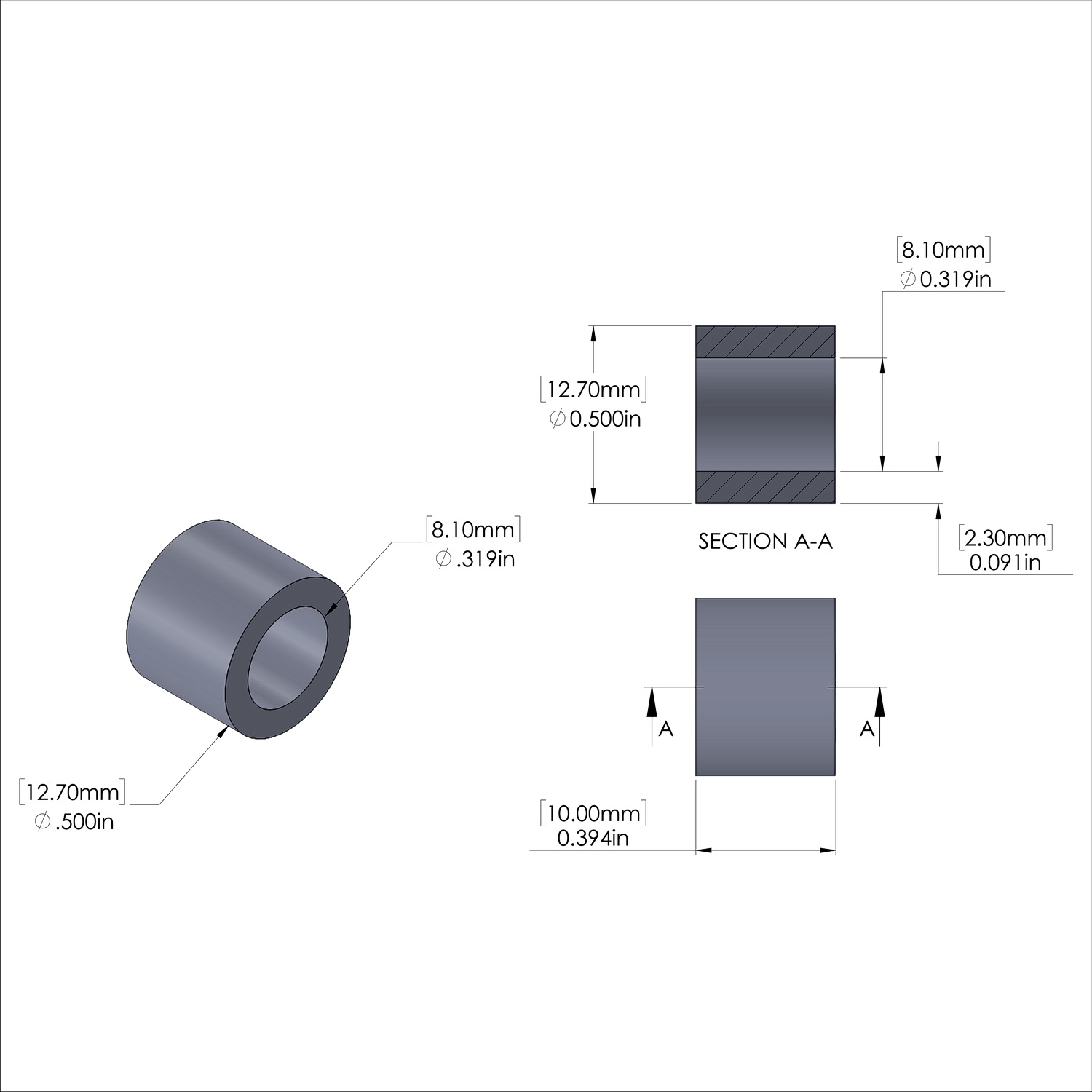 Aluminum Spacer 1/2'' OD x .319'' ID x 10mm Long