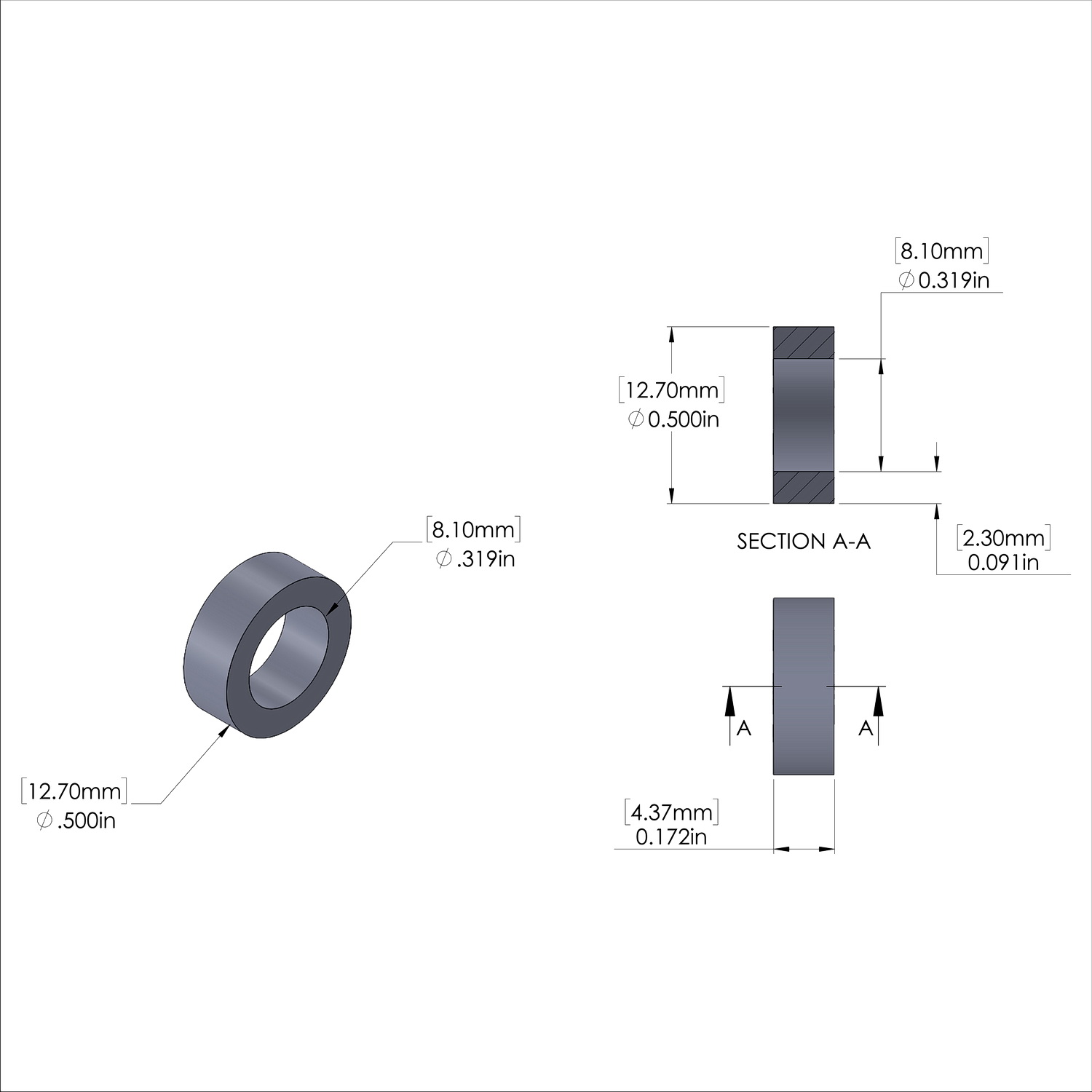 Aluminum Spacer 1/2'' OD x .319'' ID x 11/64'' Long