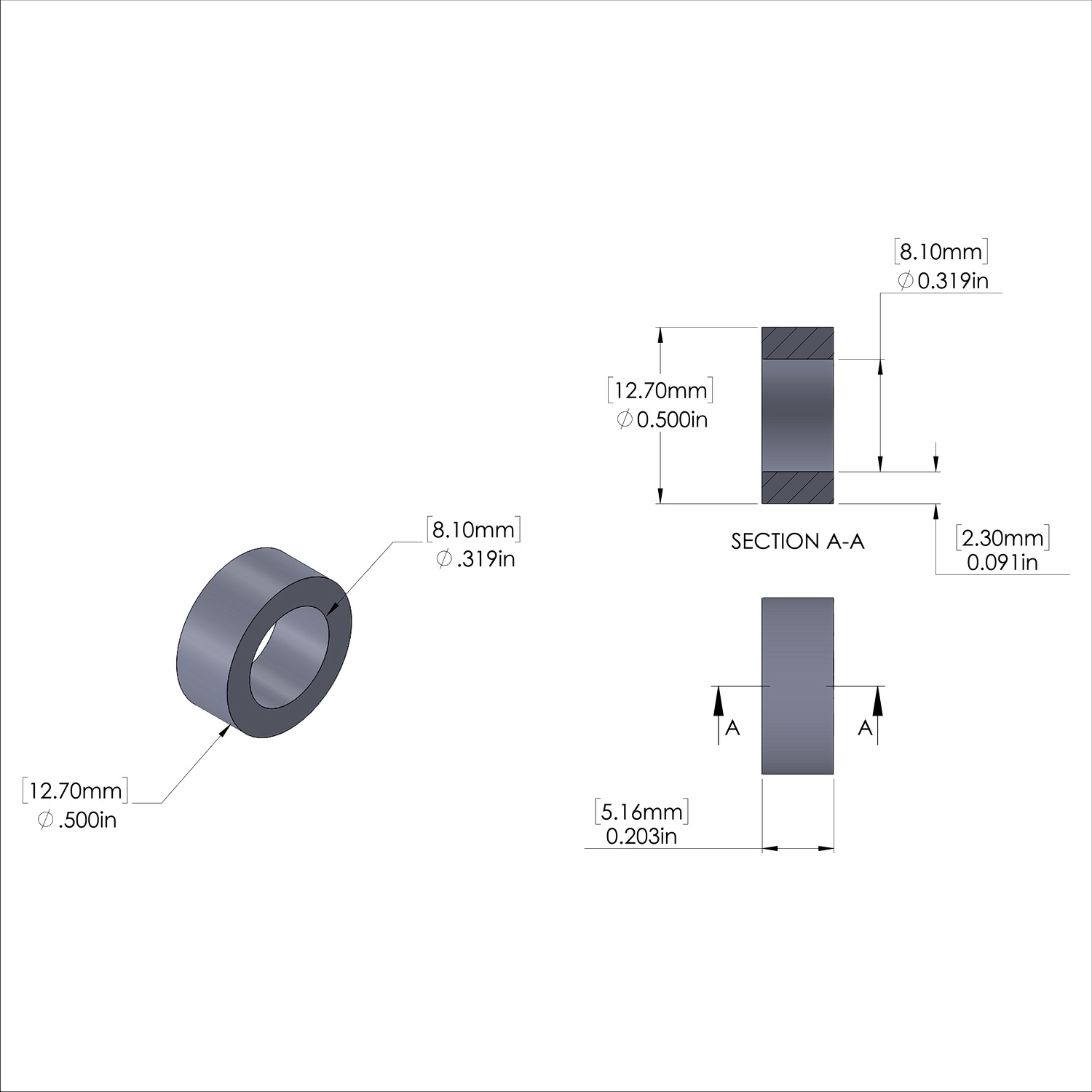 Aluminum Spacer 1/2'' OD x .319'' ID x 13/64'' Long, Plain Aluminum Finish