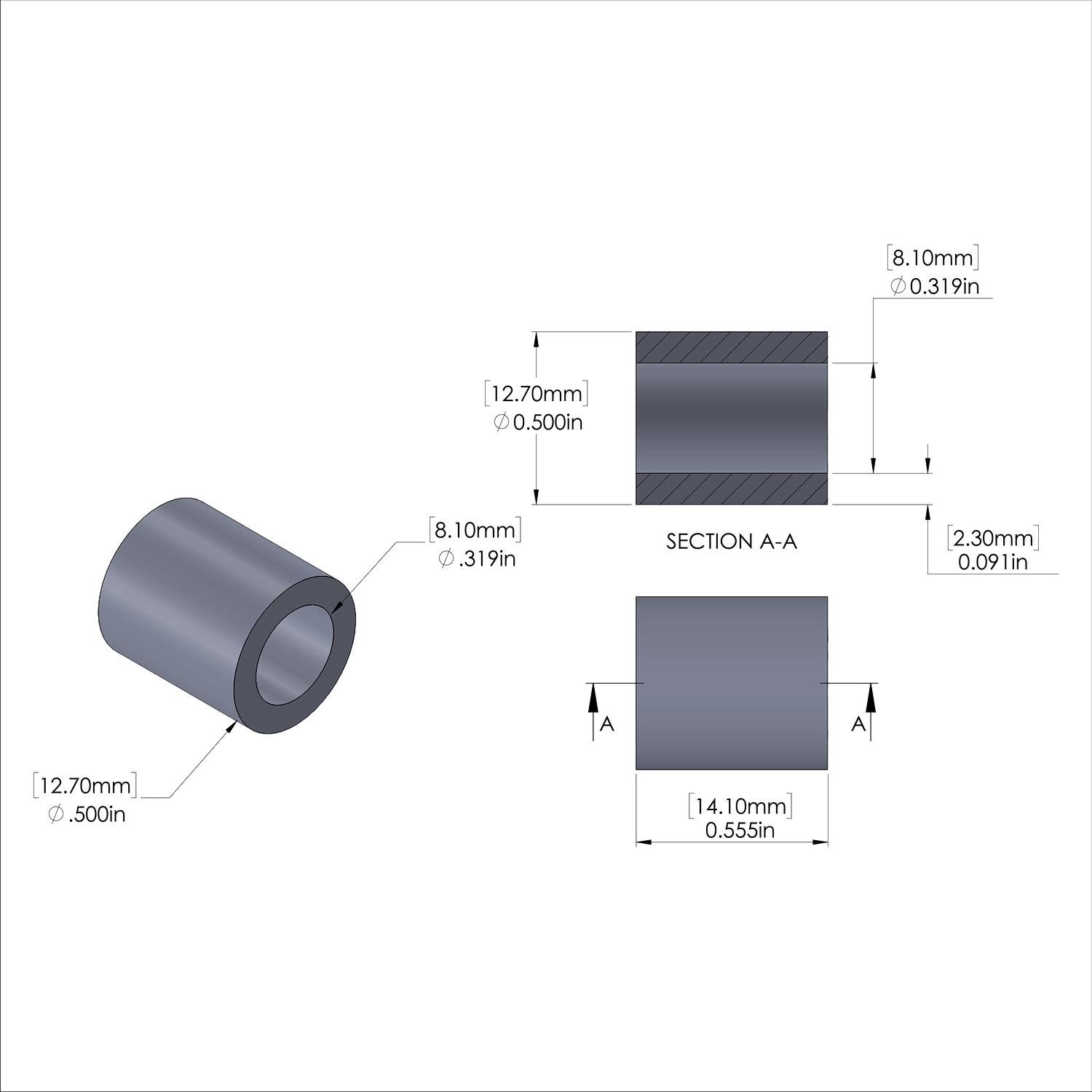 Aluminum Spacer 1/2'' OD x .319'' ID x 14.1M'' Long, Plain Aluminum Finish