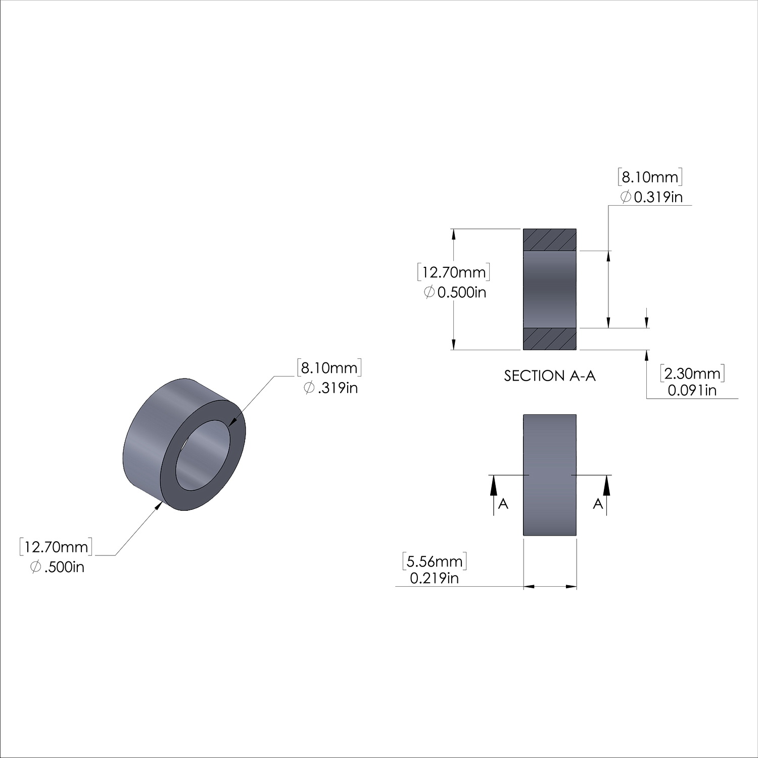 Aluminum Spacer 1/2'' OD x .319'' ID x 7/32'' Long, Plain Aluminum Finish