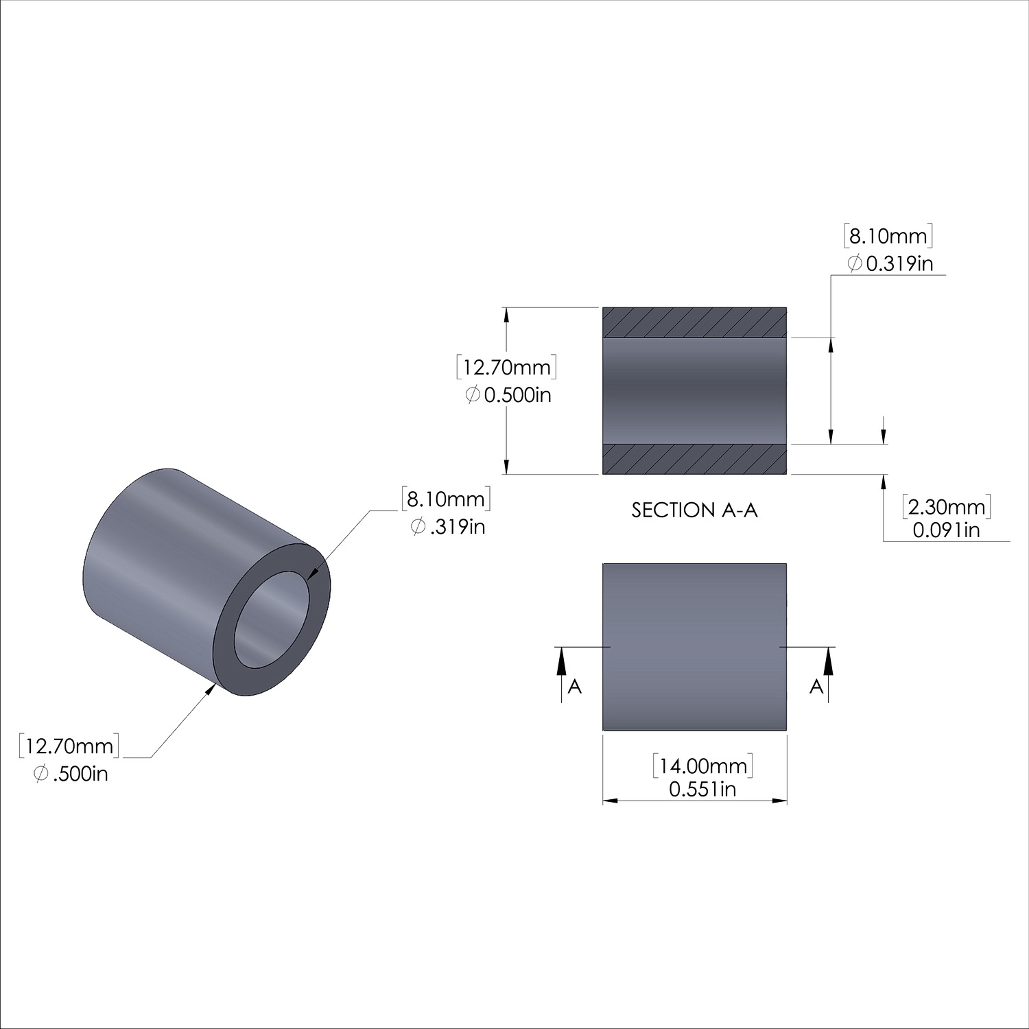 Aluminum Spacer 1/2'' OD x .319'' ID x 14M'' Long