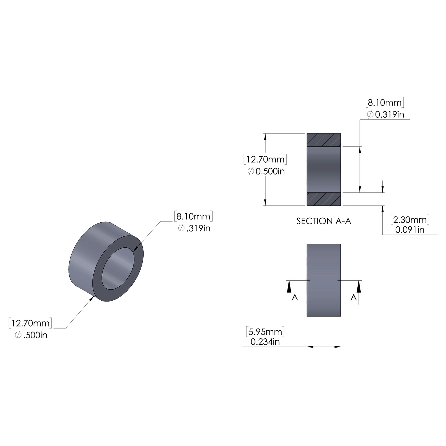 Aluminum Spacer 1/2'' OD x .319'' ID x 15/64'' Long