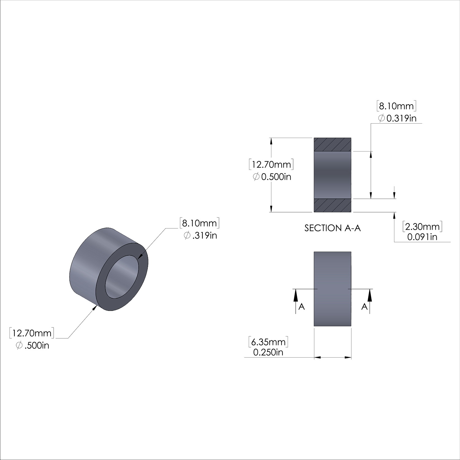 Aluminum Spacer 1/2'' OD x .319'' ID x 1/4'' Long