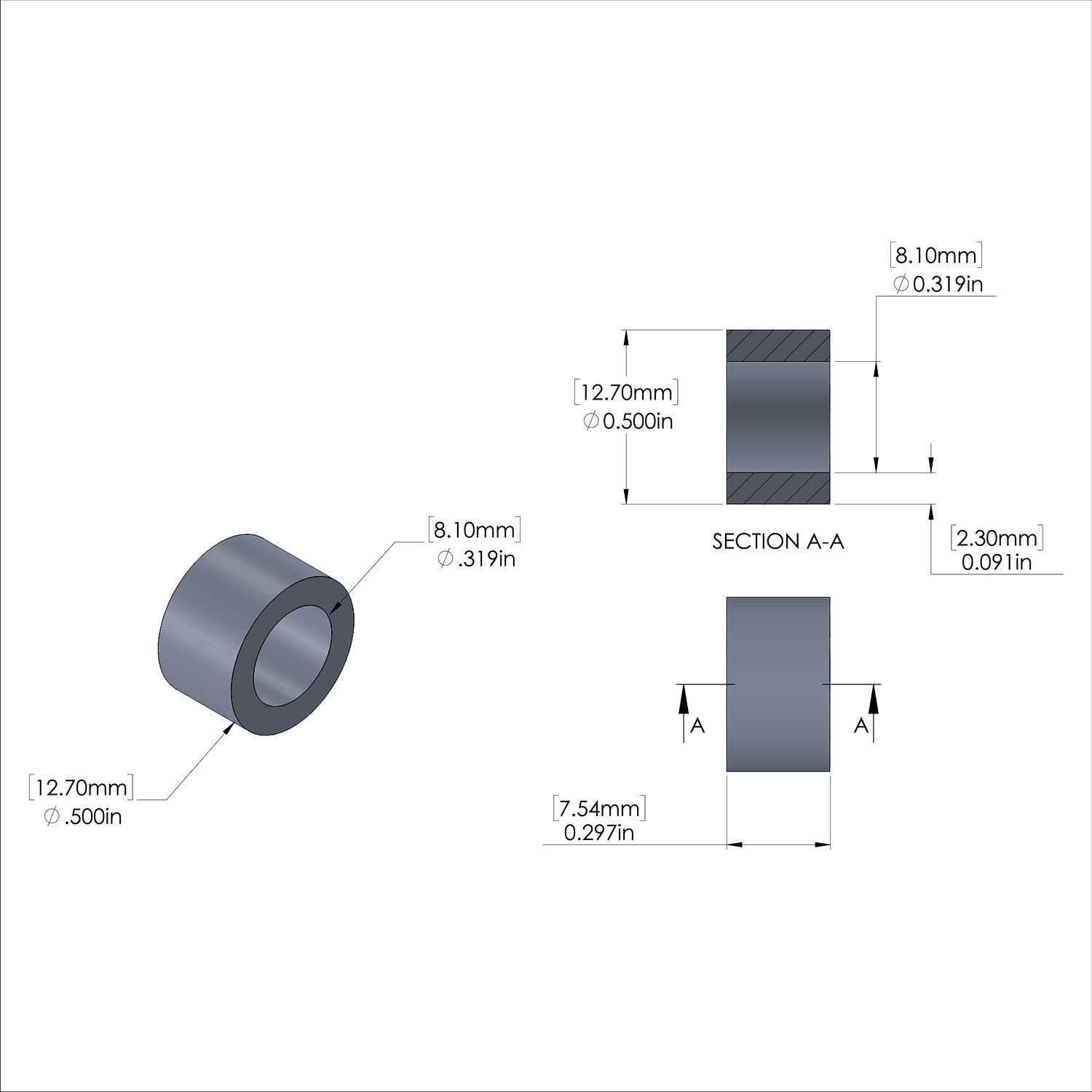 Aluminum Spacer 1/2'' OD x .319'' ID x 19/64'' Long