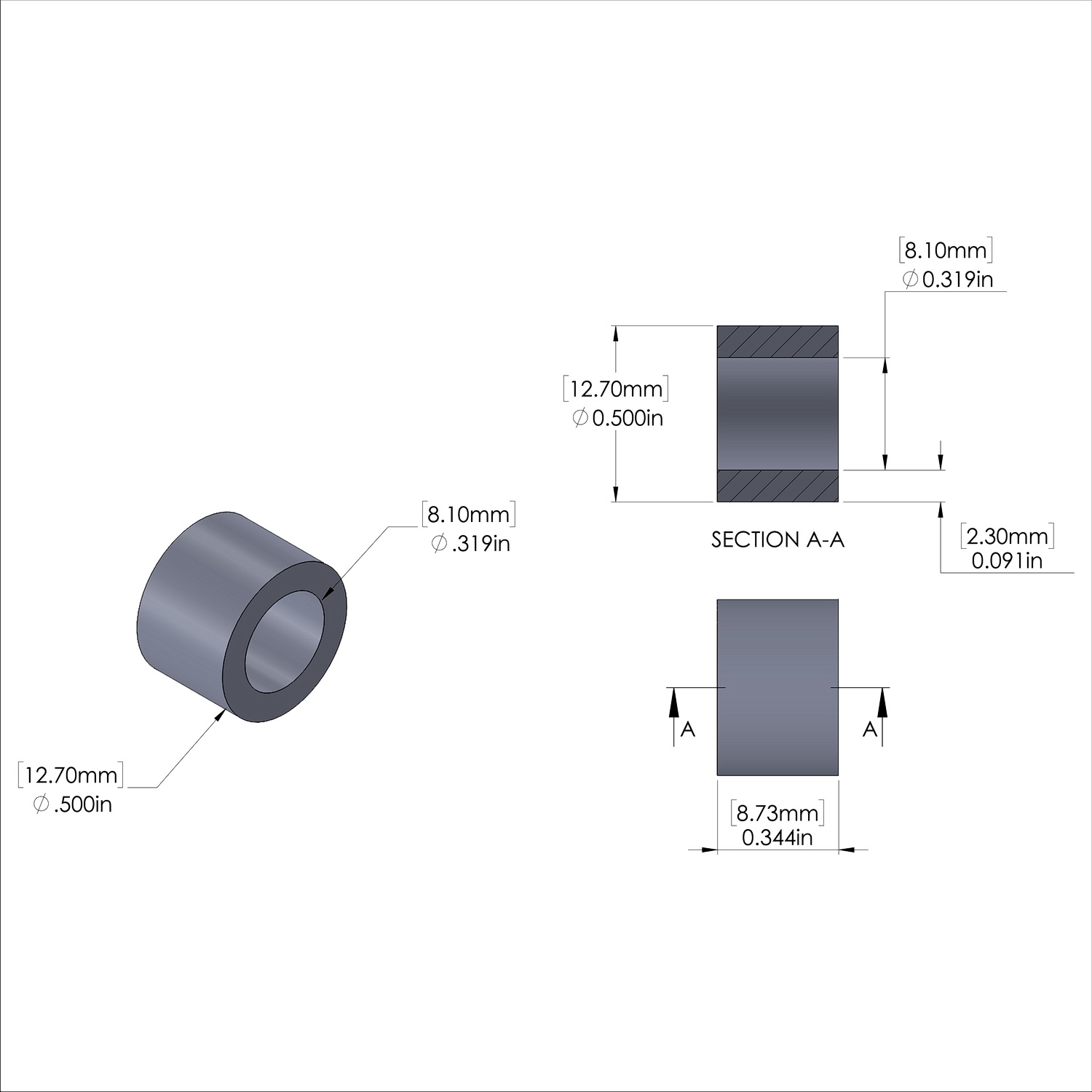 Aluminum Spacer 1/2'' OD x .319'' ID x 11/32'' Long - Black Anodized