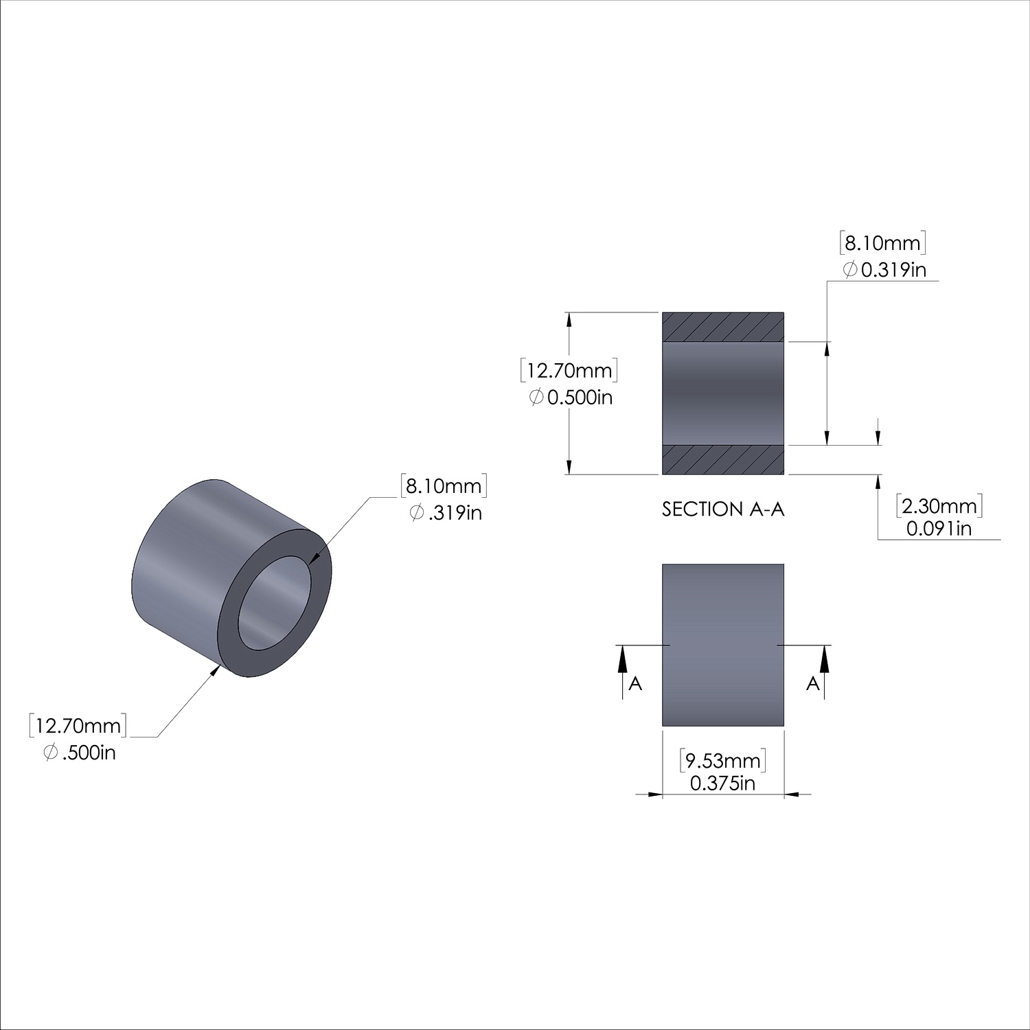 Aluminum Spacer 1/2'' OD x .319'' ID x 3/8'' Long