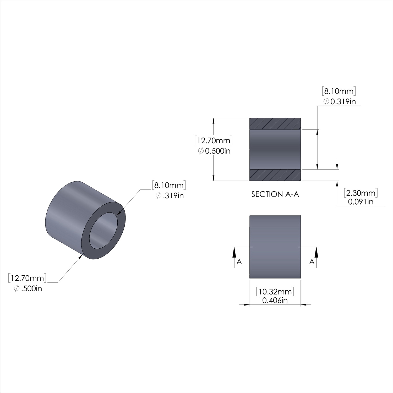 Aluminum Spacer 1/2'' OD x .319'' ID x 13/32'' Long