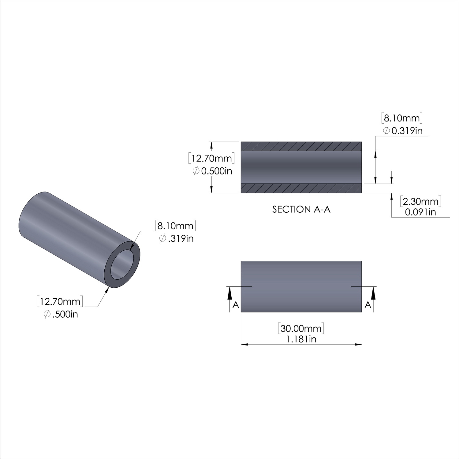 Aluminum Spacer 1/2'' OD x .319'' ID x 30mm Long