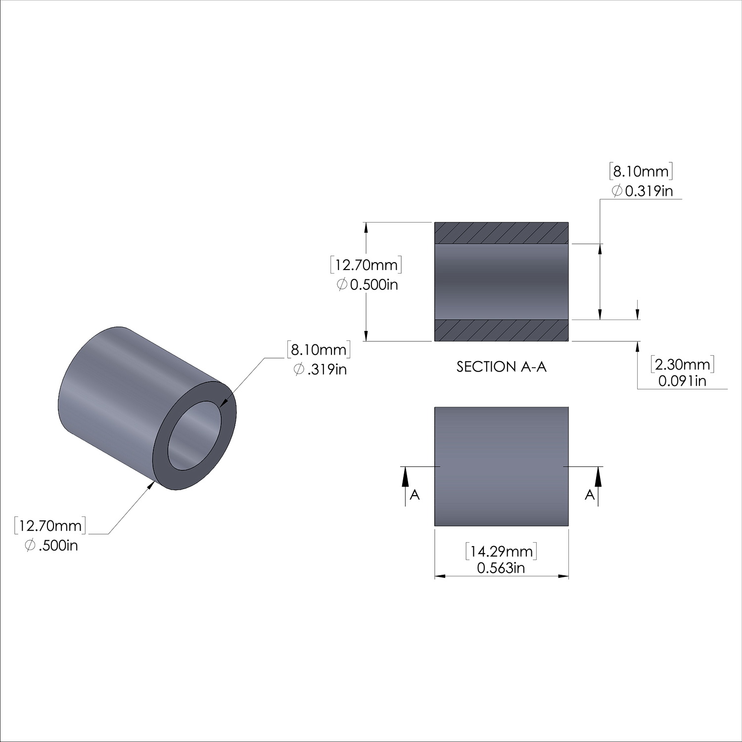 Aluminum Spacer 1/2'' OD x .319'' ID x 9/16'' Long