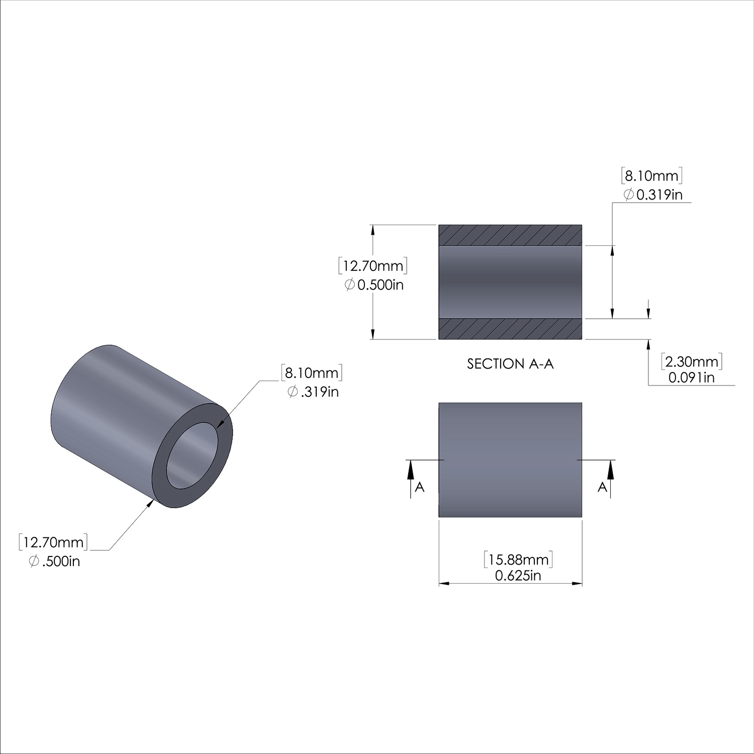 Aluminum Spacer 1/2'' OD x .319'' ID x 5/8'' Long