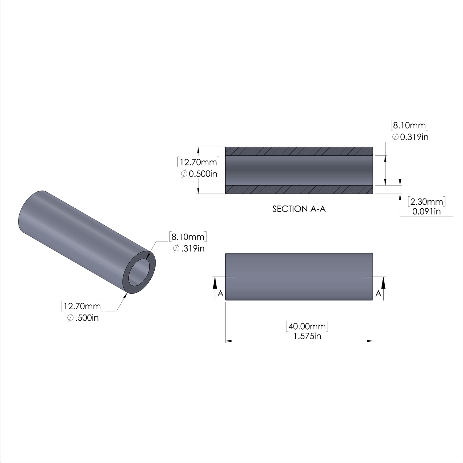 Aluminum Spacer 1/2'' OD x .319'' ID x 40mm Long, Plain Aluminum Finish