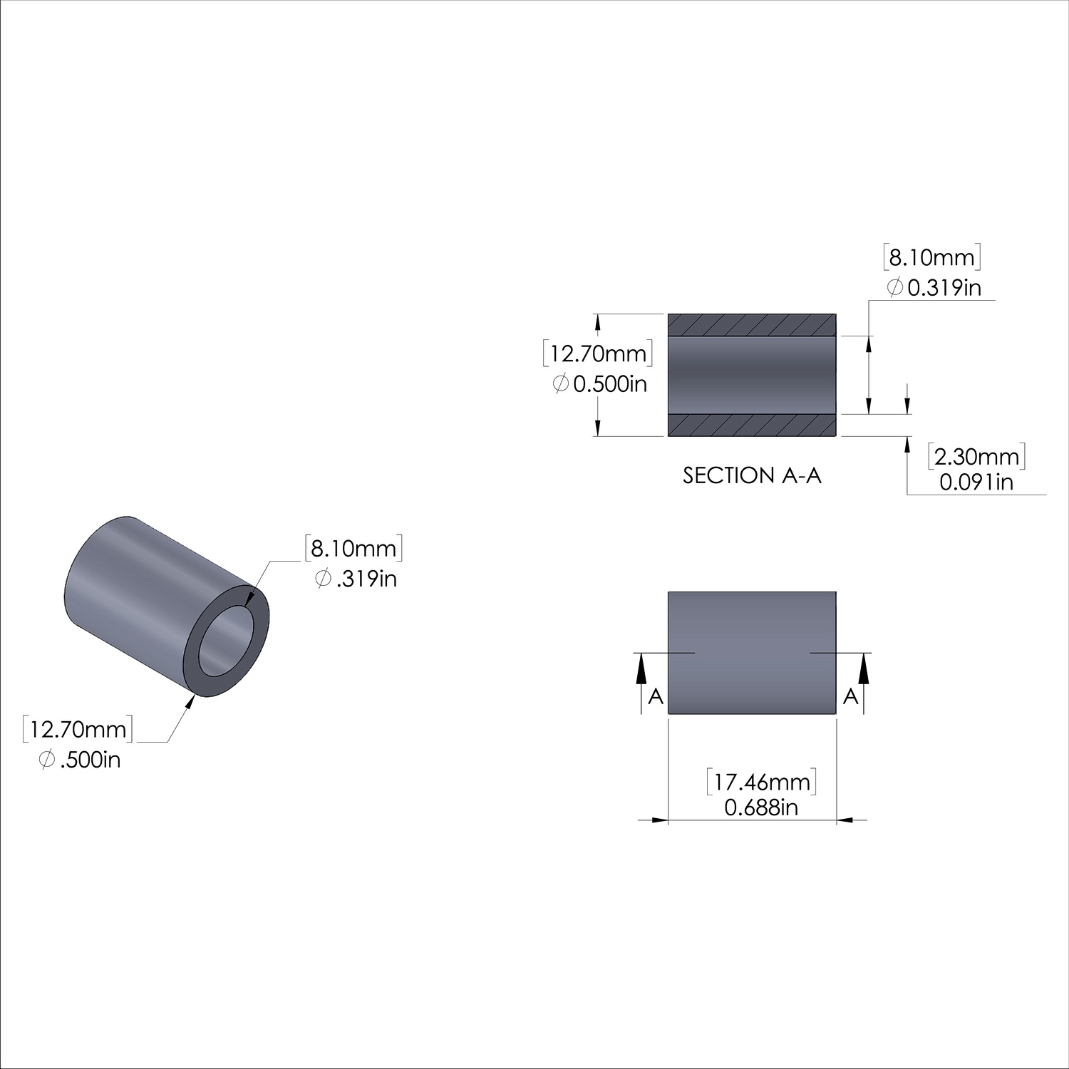 Aluminum Spacer 1/2'' OD x .319'' ID x 11/16'' Long