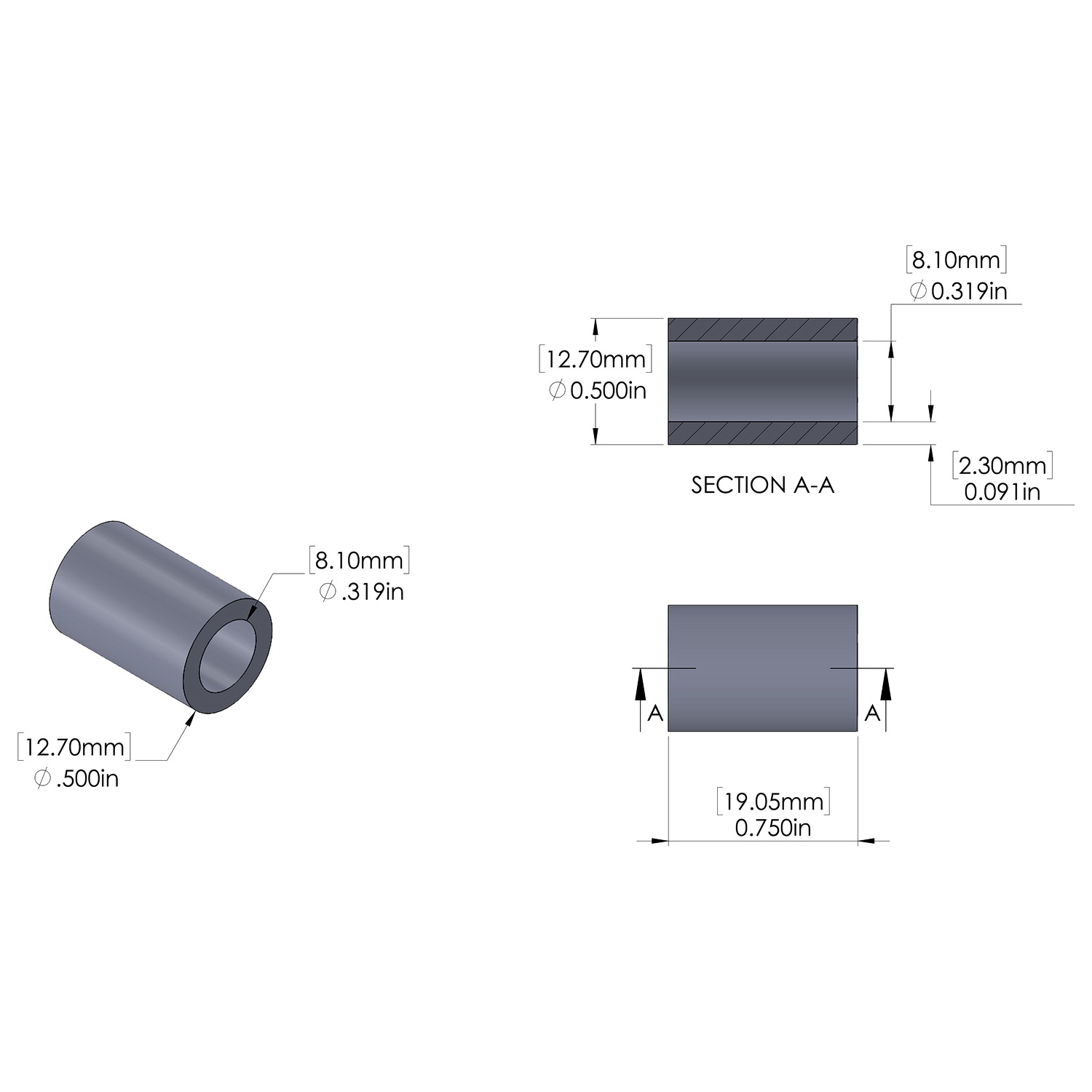 Aluminum Spacer 1/2'' OD x .319'' ID x 3/4'' Long