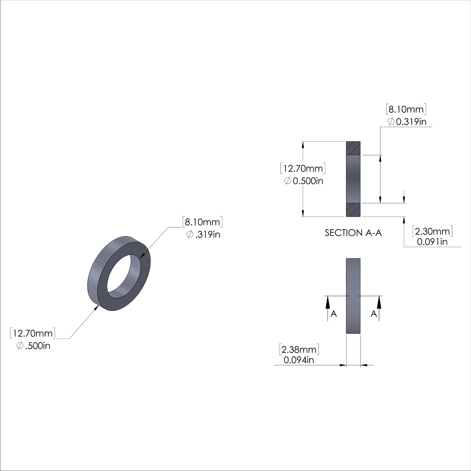 Aluminum Spacer 1/2'' OD x .319'' ID x 3/32'' Long