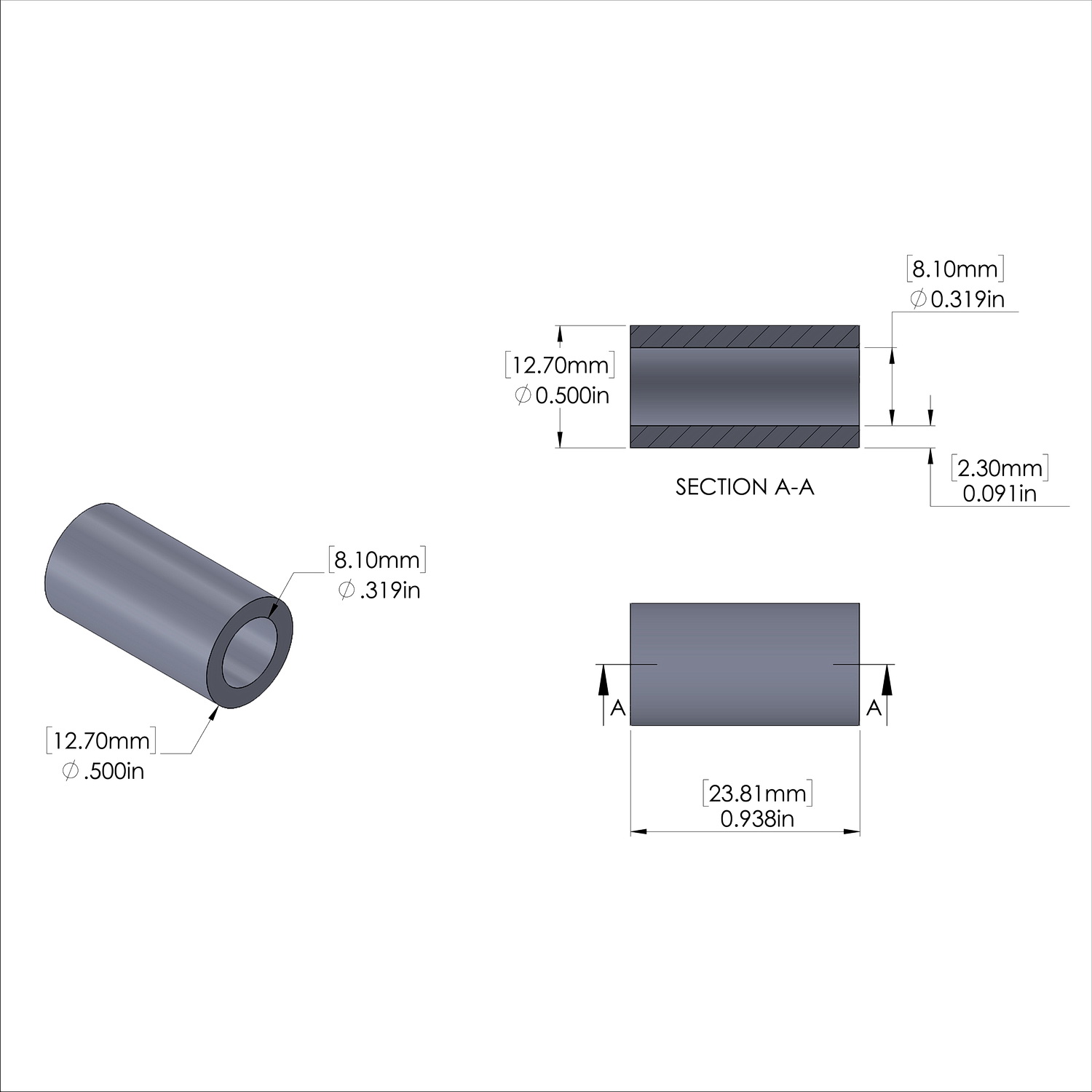 Aluminum Spacer 1/2'' OD x .319'' ID x 15/16'' Long