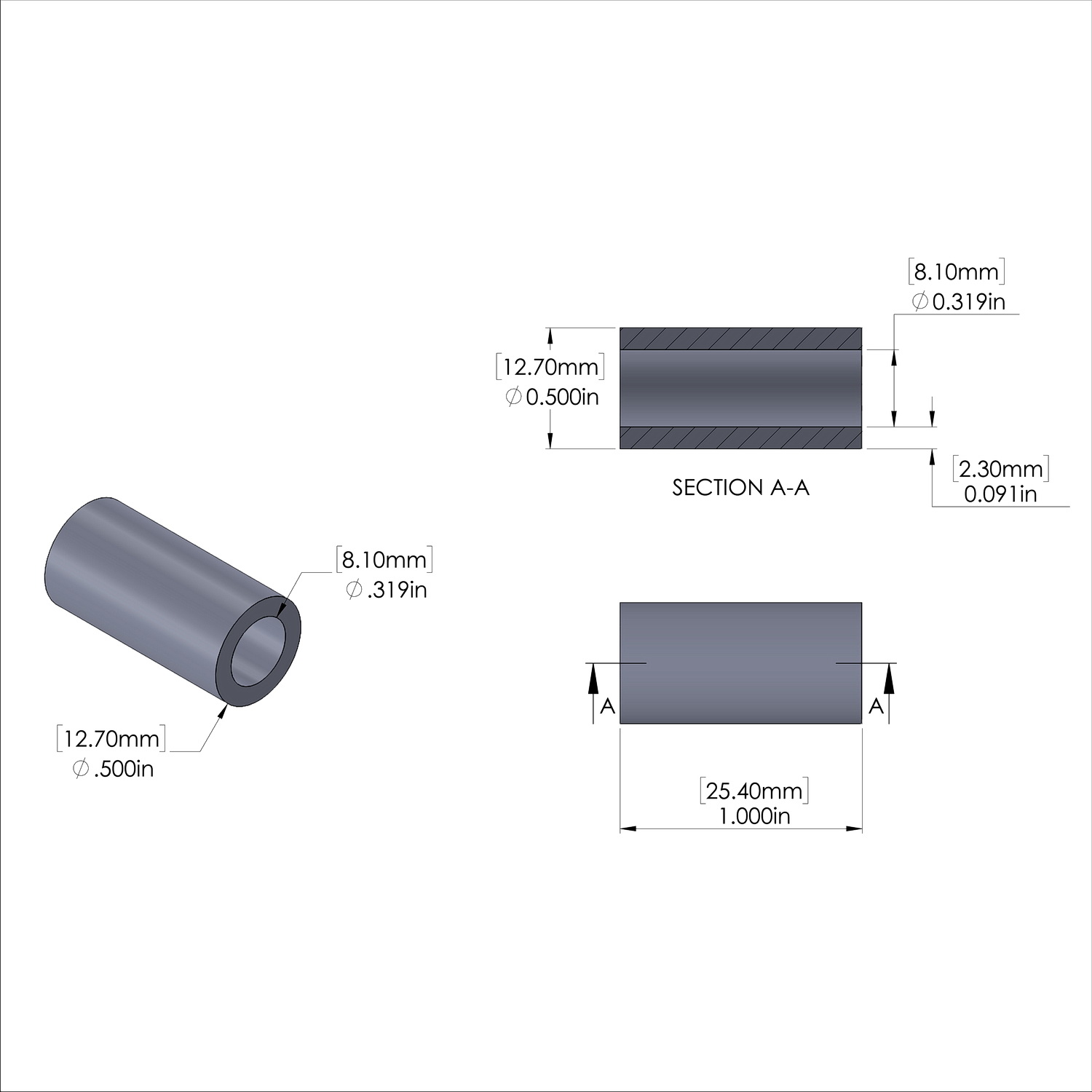 Aluminum Spacer 1/2'' OD x .319'' ID x 1.000'' Long - Black Anodized