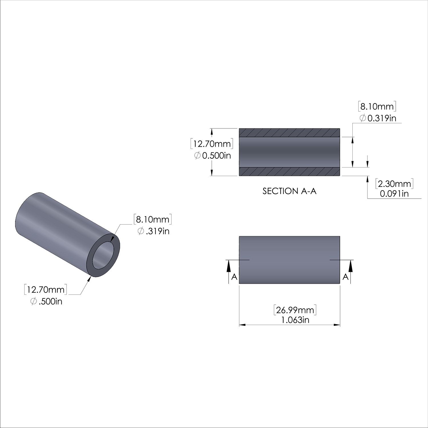 Aluminum Spacer 1/2'' OD x .319'' ID x 1-1/16'' Long