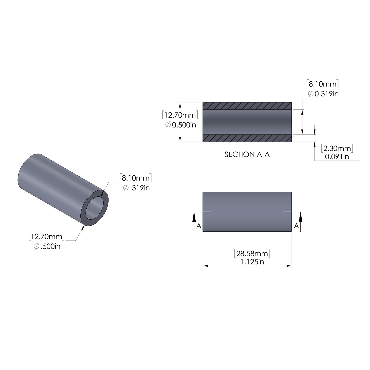 Aluminum Spacer 1/2'' OD x .319'' ID x 1-1/8'' Long, Black Anodized Finish