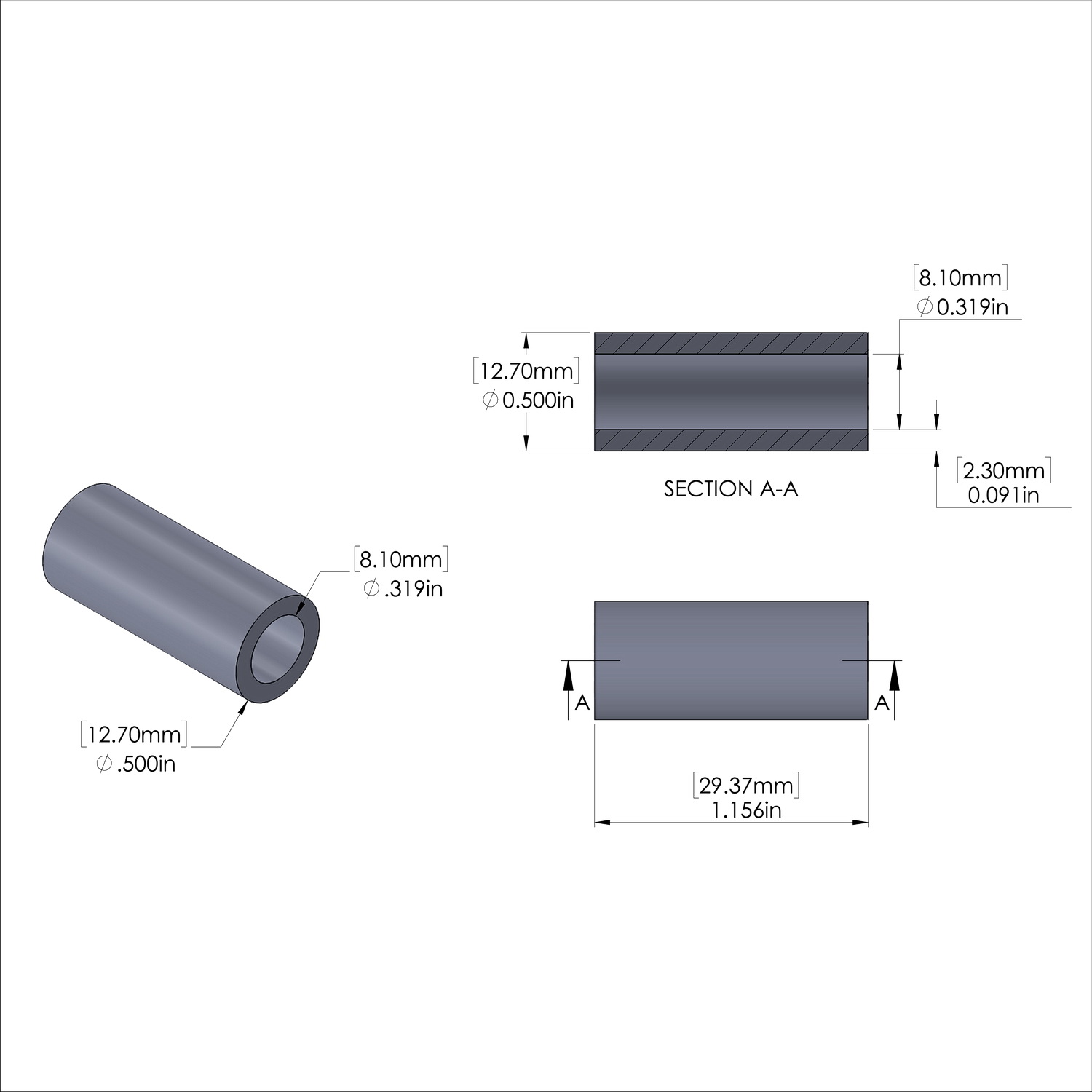 Aluminum Spacer 1/2'' OD x .319'' ID x 1 5/32