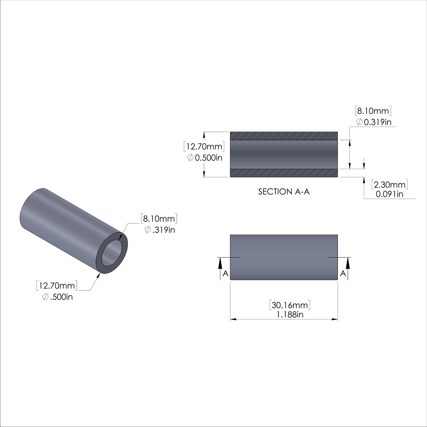 Aluminum Spacer 1/2'' OD x .319'' ID x 1-3/16'' Long