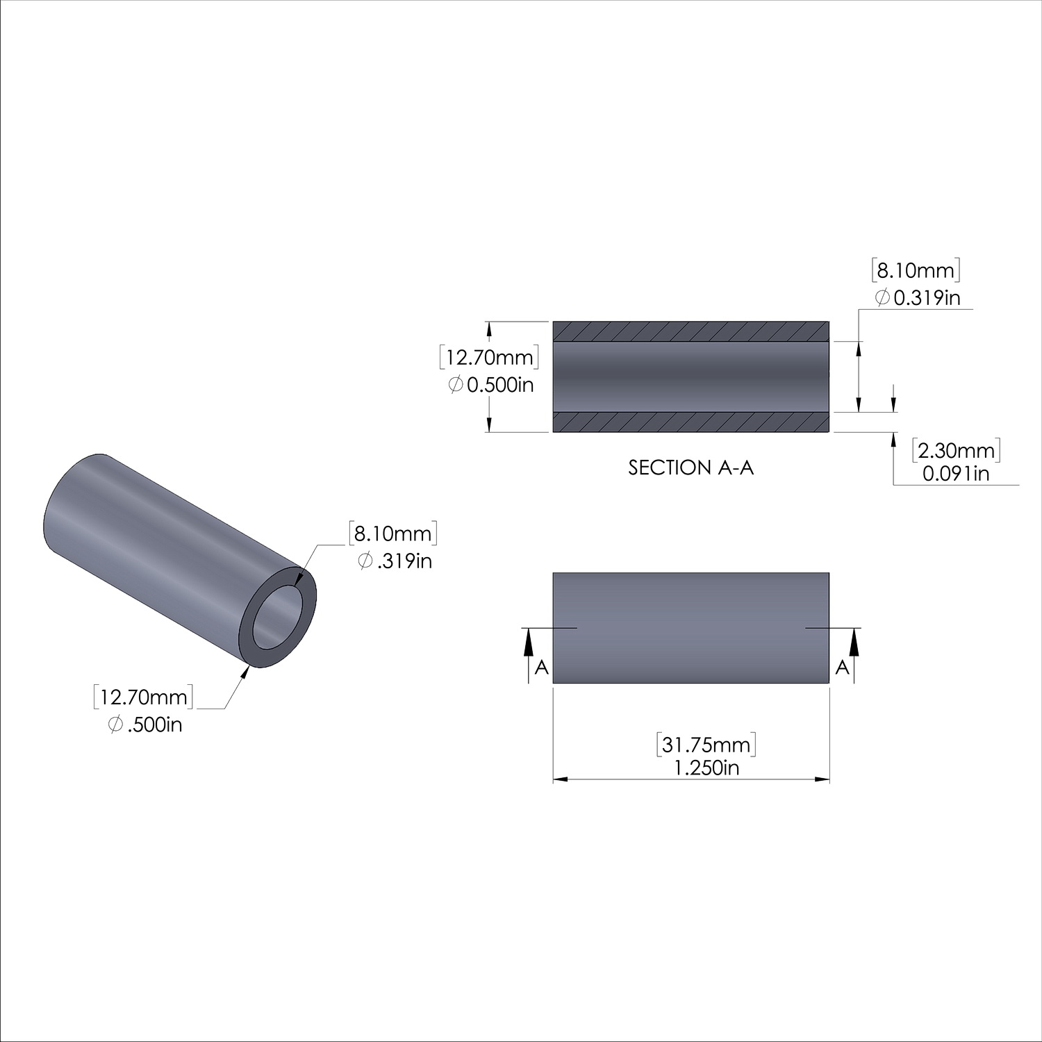 Aluminum Spacer 1/2'' OD x .319'' ID x 1-1/4'' Long