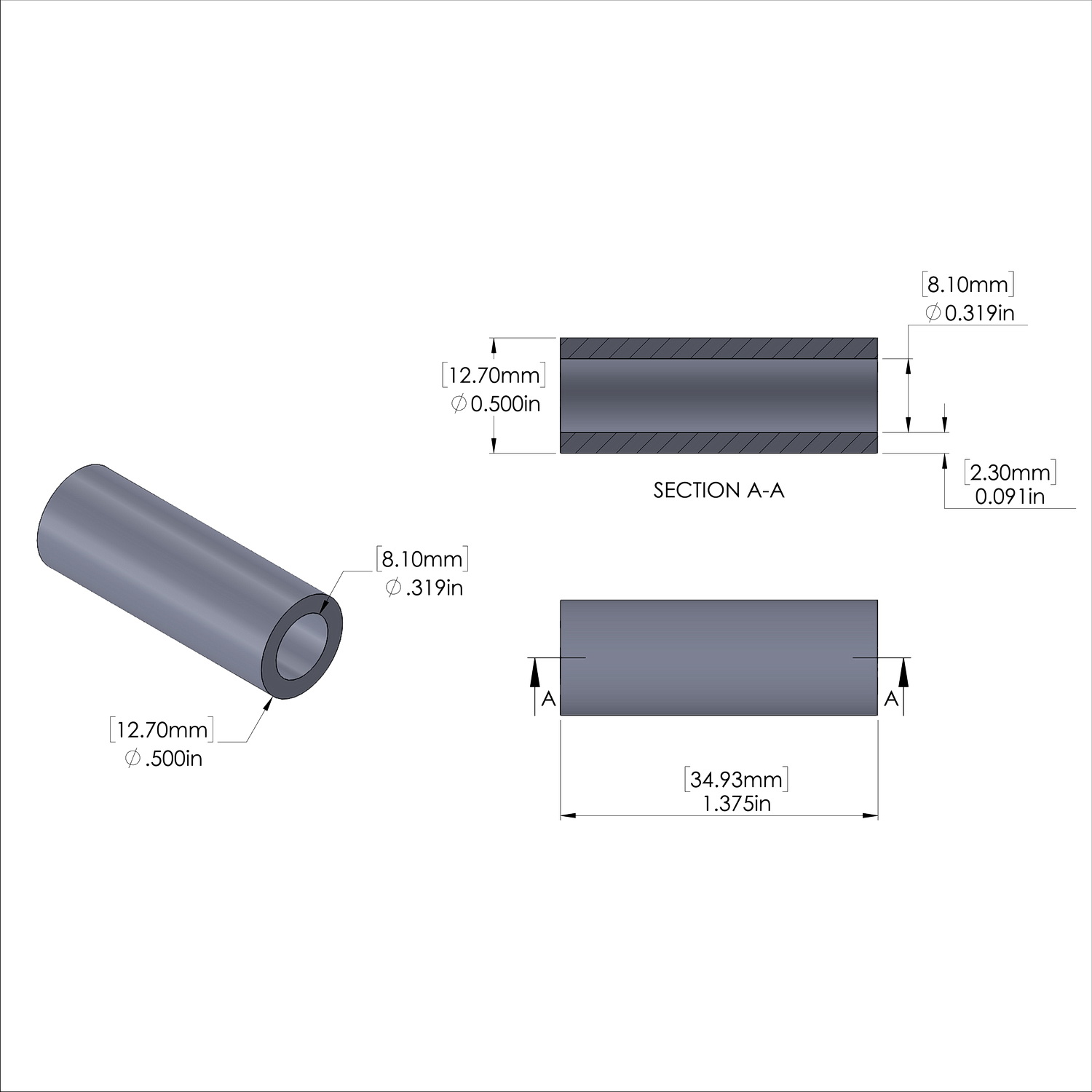 Aluminum Spacer 1/2'' OD x .319'' ID x 1-3/8'' Long