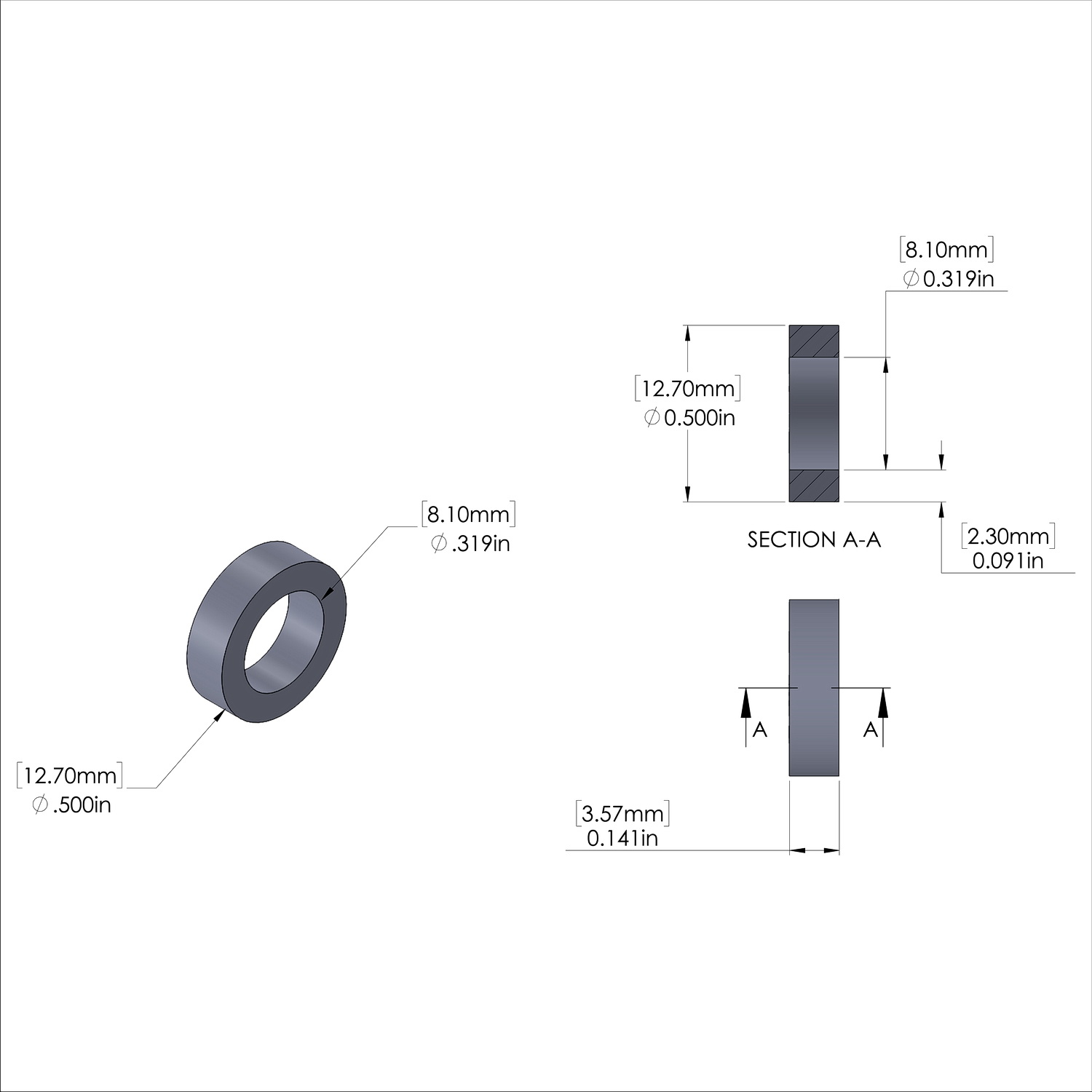 Aluminum Spacer 1/2'' OD x .319'' ID x 9/64'' Long