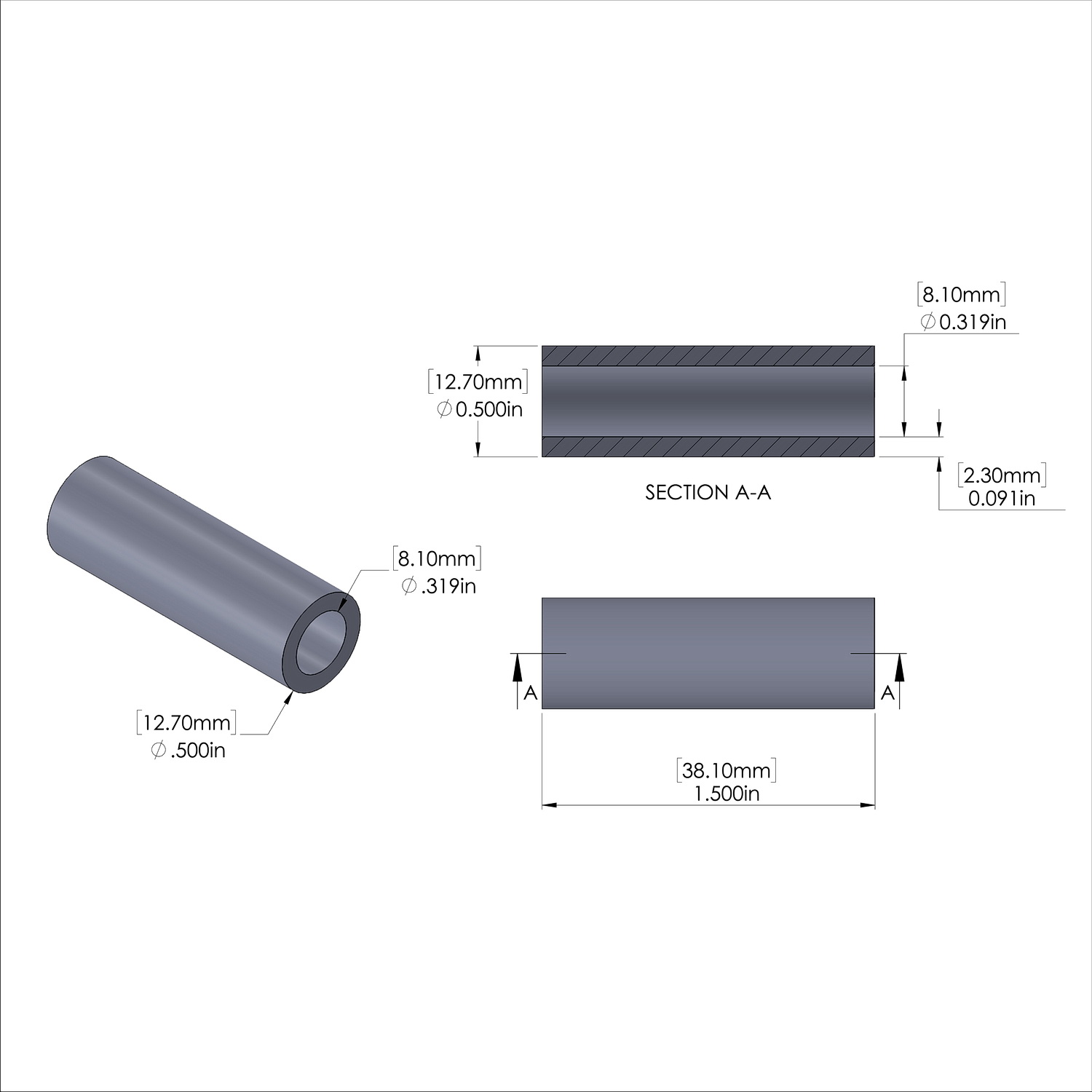 Aluminum Spacer 1/2'' OD x .319'' ID x 1-1/2'' Long - Black Anodized