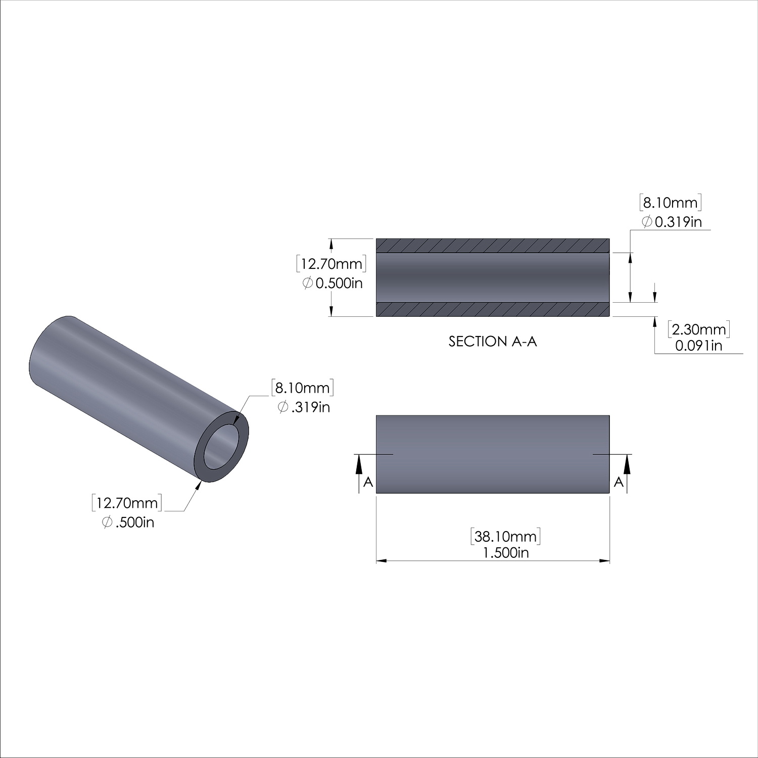Aluminum Spacer 1/2'' OD x .319'' ID x 1-1/2'' Long