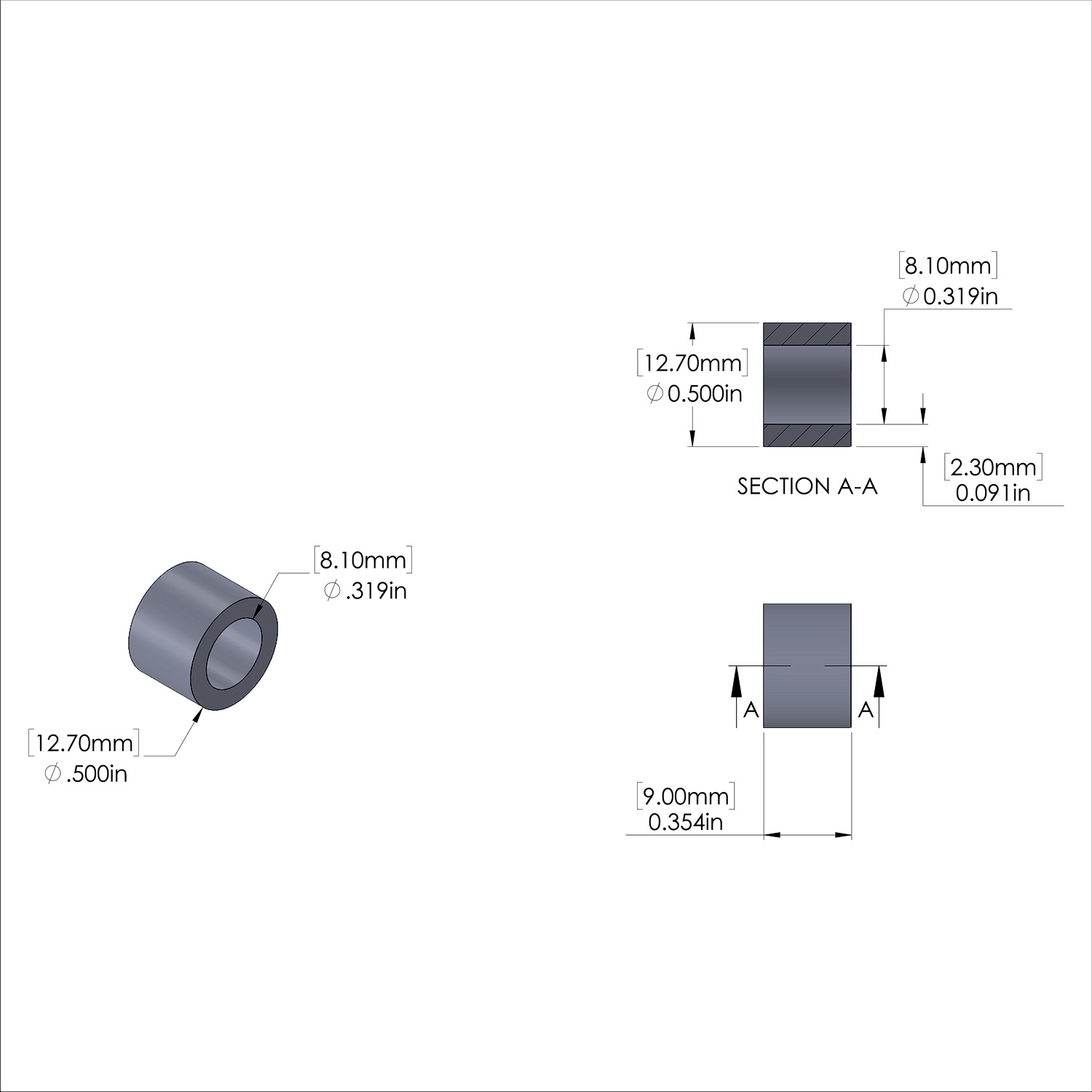 Aluminum Spacer 1/2'' OD x .319'' ID x 9mm Long