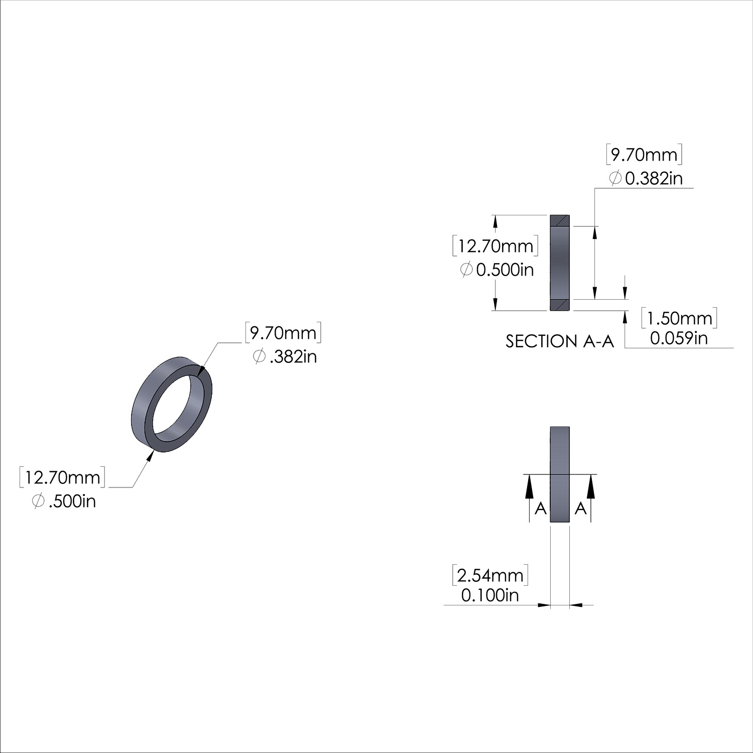 Aluminum Spacer 1/2'' OD x .382'' ID x .100'' Long