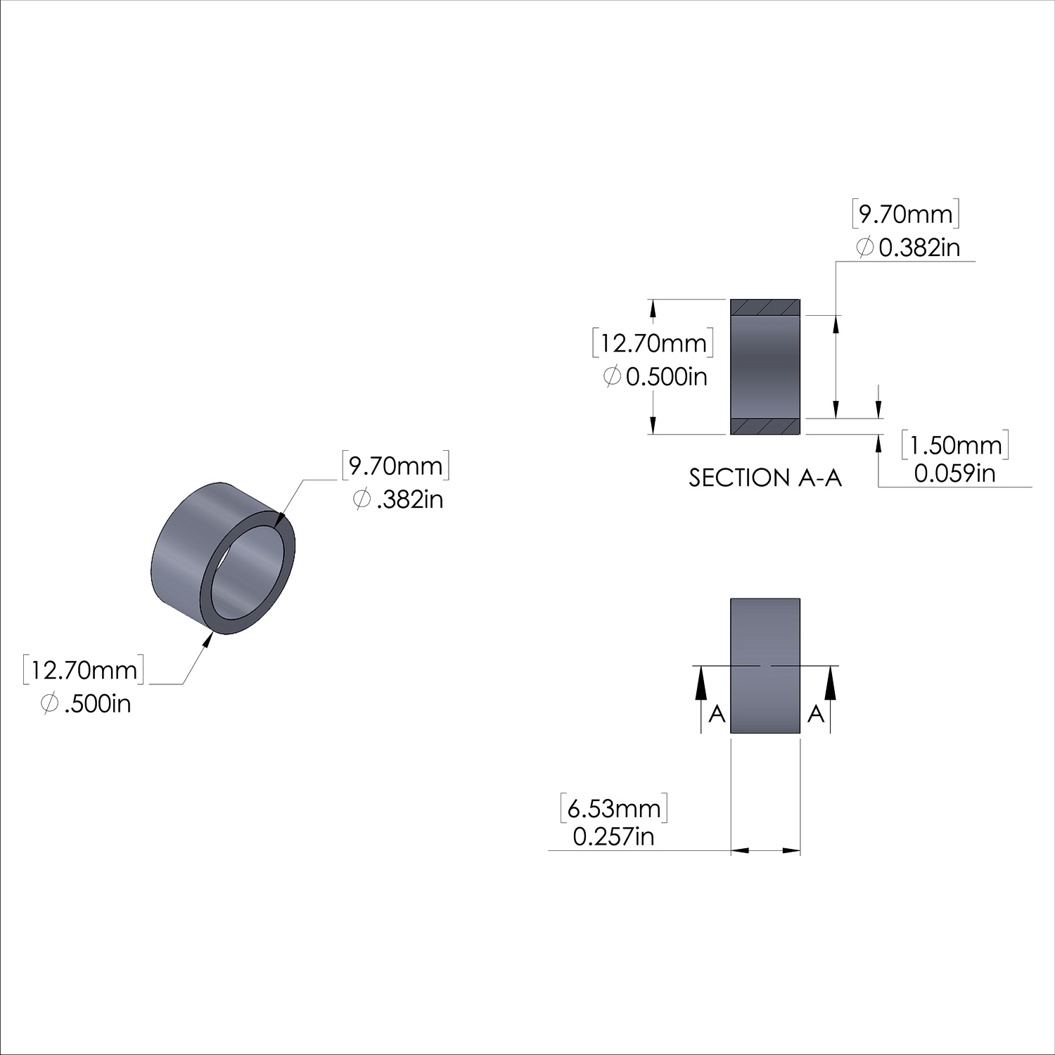Aluminum Spacer 1/2'' OD x .382'' ID x .257'' Long