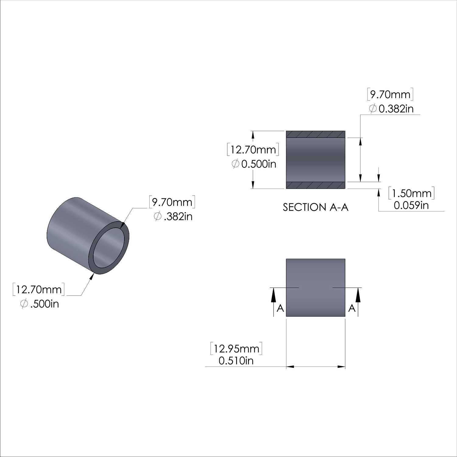 Aluminum Spacer 1/2'' OD x .382'' ID x .510'' Long, Plain Aluminum Finish