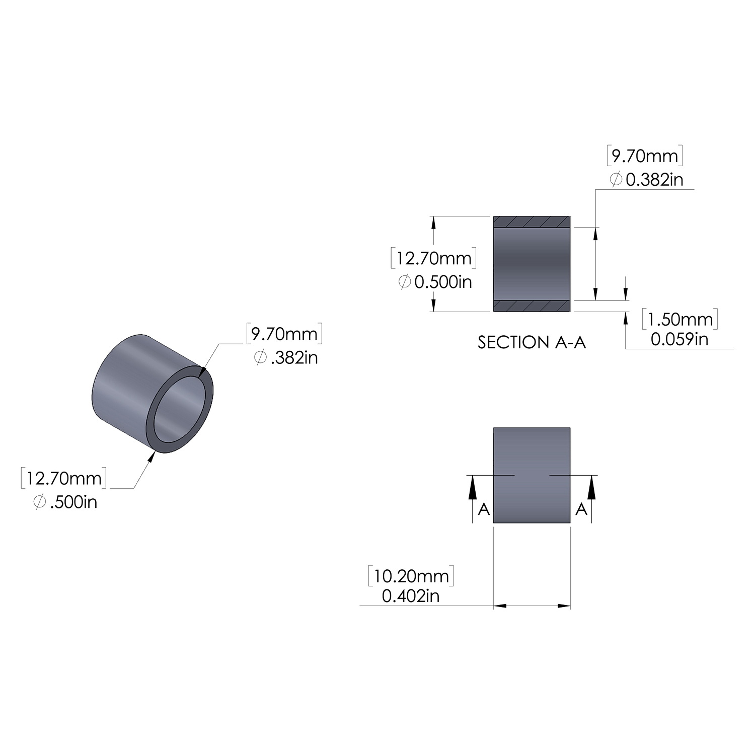 Aluminum Spacer 1/2'' OD x .382'' ID x 10.2mm Long, Plain Aluminum Finish