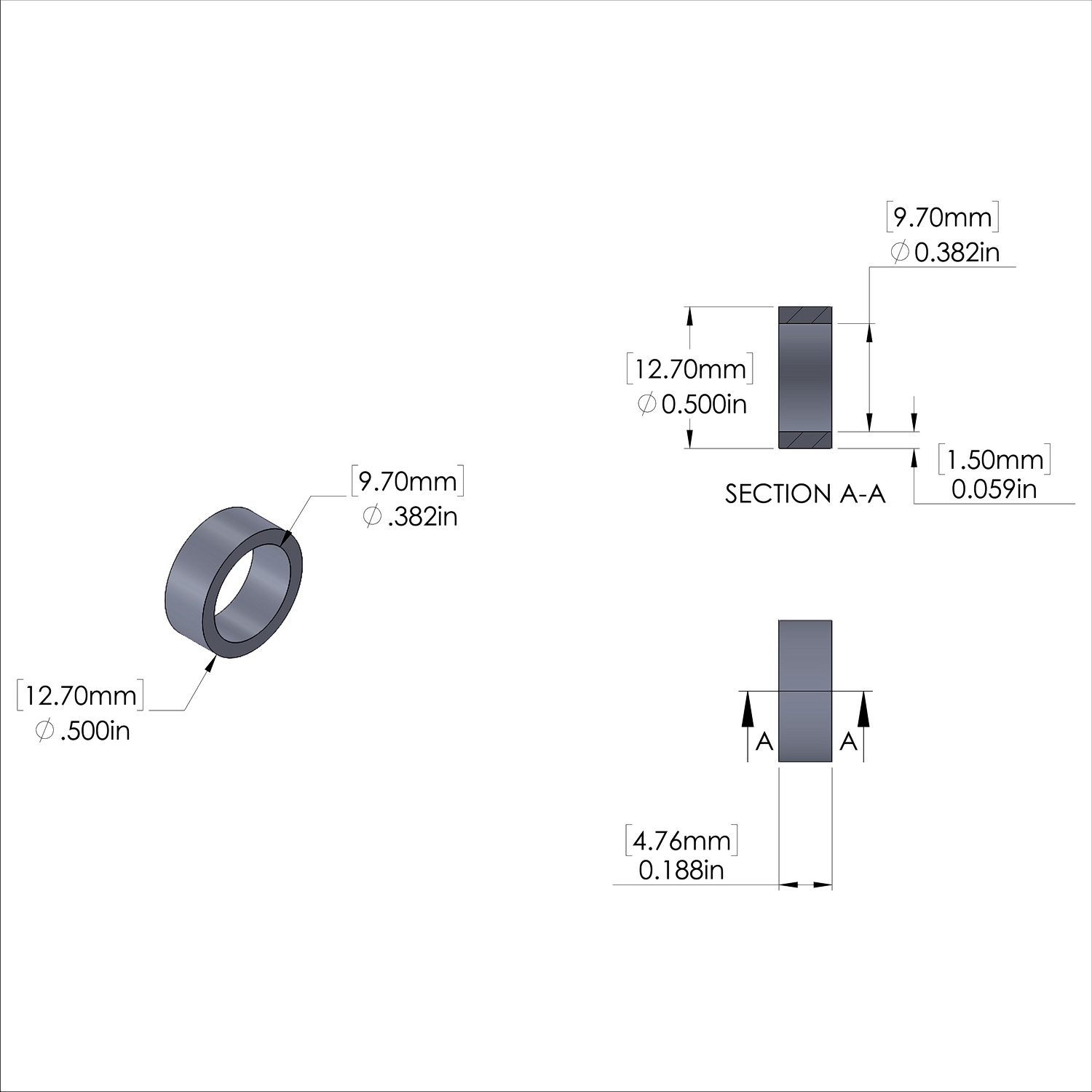 Aluminum Spacer 1/2'' OD x .382'' ID x 3/16'' Long - Black Anodized